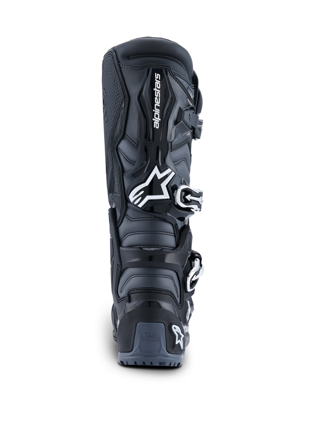 Alpinestars 2026 Tech 7 Enduro-stövlar, vy bakifrån, svarta, antracitgrå och vita, offroad-motorcykelstövlar med vit Astar-logotyp, spännsystem och TPU-hälskydd