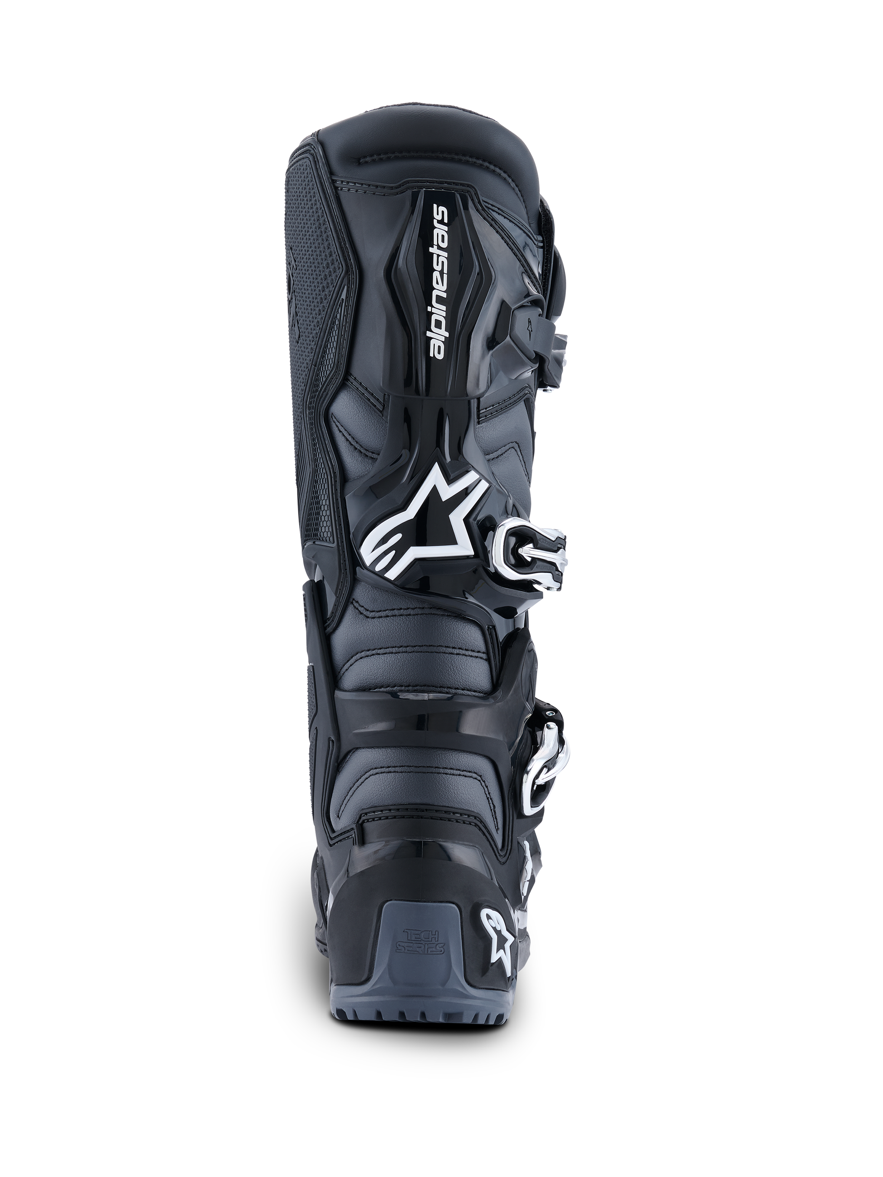 Alpinestars 2026 Tech 7 Enduro-stövlar, vy bakifrån, svarta, antracitgrå och vita, offroad-motorcykelstövlar med vit Astar-logotyp, spännsystem och TPU-hälskydd