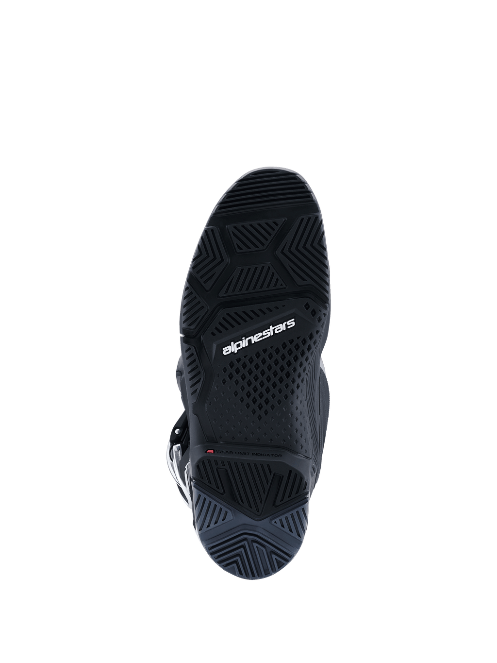 Alpinestars 2026 Tech 7 Enduro-stövlar, Black Anthracite White, vy underifrån som visar den specialiserade Enduro-specifika sulan med dubbel gummiblandning, intrikat mönstring för grepp i terräng, vit Alpinestars-logotyp och slitageindikator