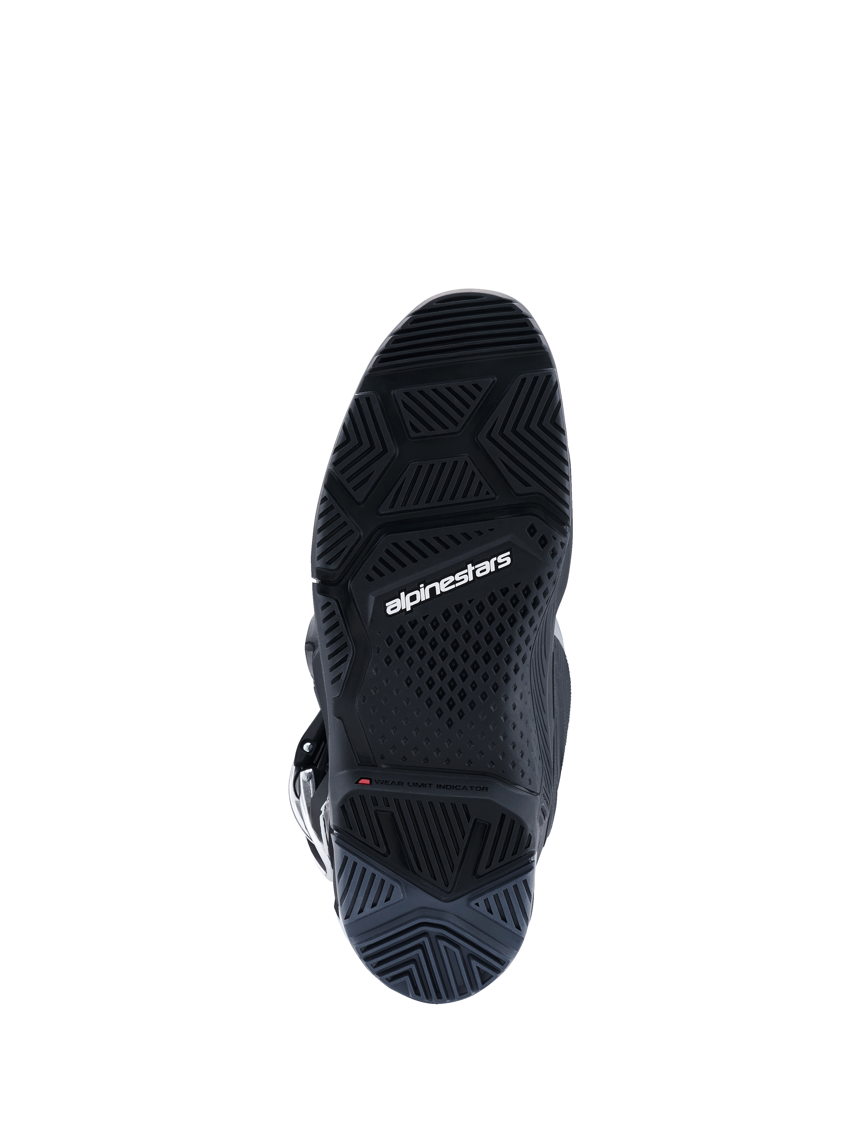Alpinestars 2026 Tech 7 Enduro-stövlar, Black Anthracite White, vy underifrån som visar den specialiserade Enduro-specifika sulan med dubbel gummiblandning, intrikat mönstring för grepp i terräng, vit Alpinestars-logotyp och slitageindikator