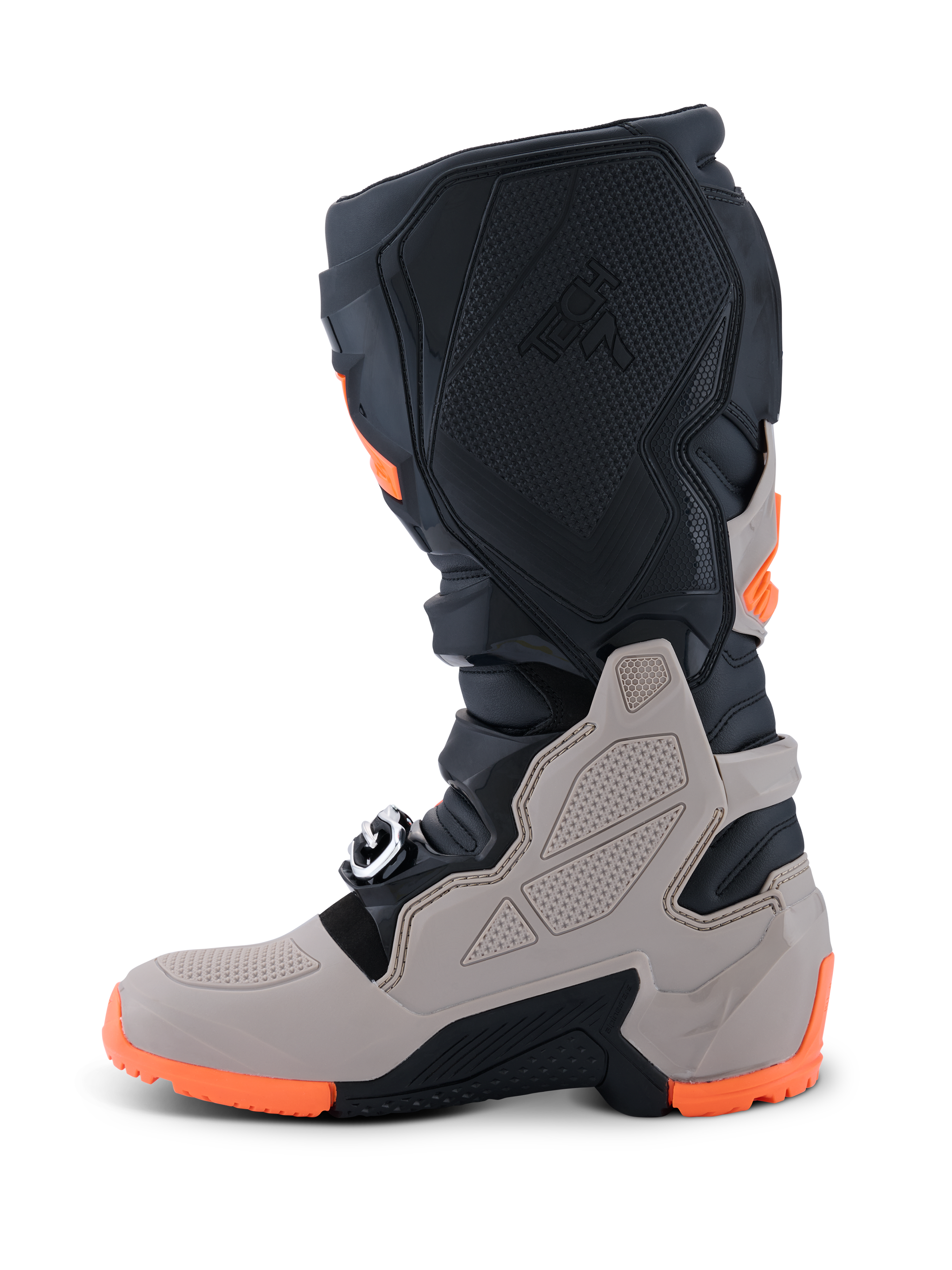 Alpinestars 2026 Tech 7 Enduro Boots, Motocross and Enduro Boots, Black Warm Gray and Orange Fluo, side view featuring a rugged dual-compound sole, TPU shielding on the shin and ankle, and embossed Tech 7 branding.