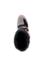 Alpinestars 2026 Tech 7 Enduro Boots, top-down view looking into the boot opening, Black Warm Gray and Orange Fluo, showing the buckle closure and reinforced toe box, professional-grade off-road motorcycle footwear