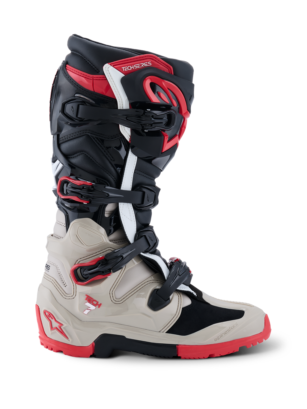 Alpinestars 2026 Tech 7 Enduro-stövlar, off-road-motorcykelstövlar i svart, ljusgrått och klarrött, sidoprofil som visar spännsystemet och det omfattande TPU-skyddet mot stötar.