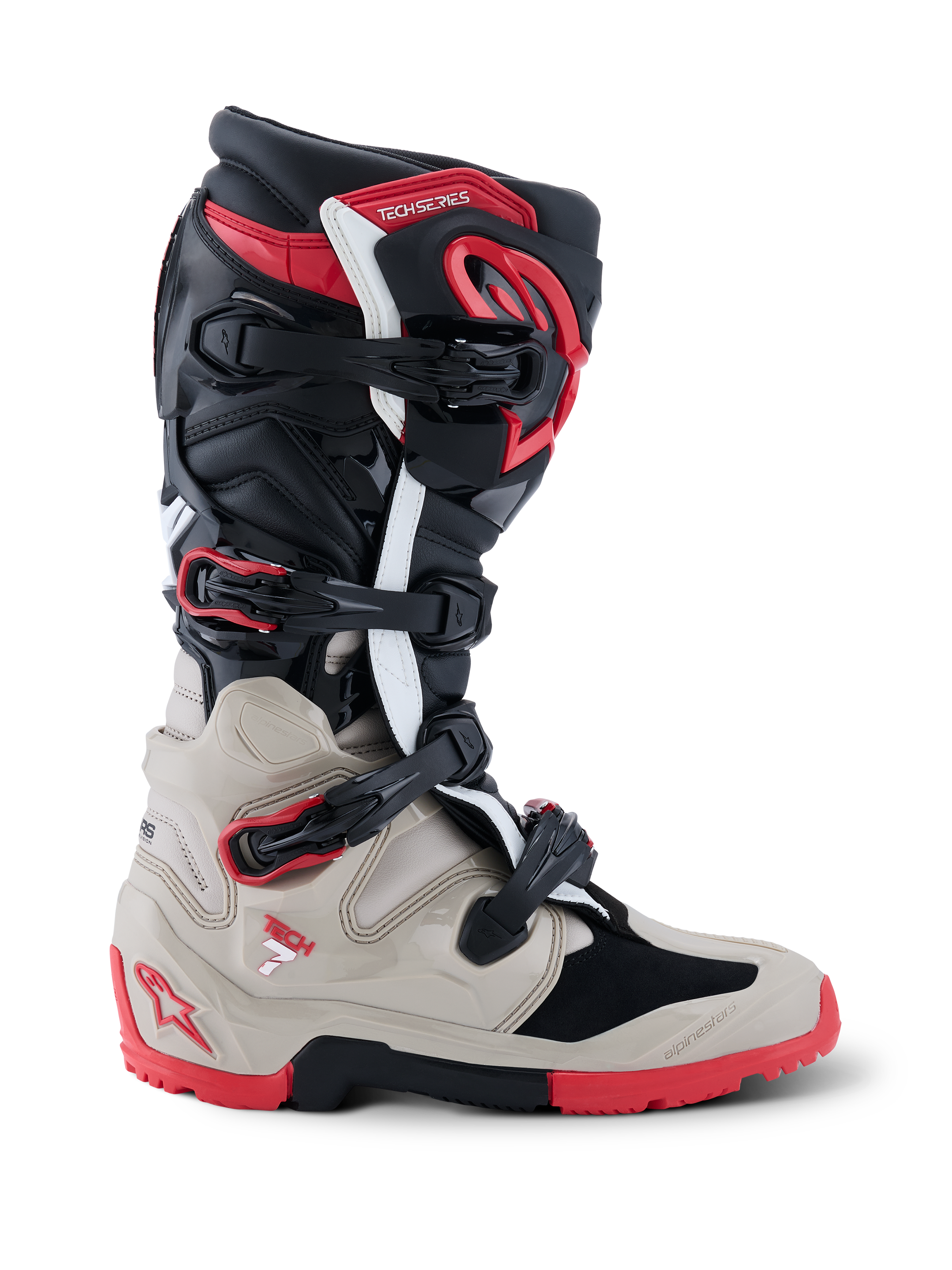 Alpinestars 2026 Tech 7 Enduro-stövlar, off-road-motorcykelstövlar i svart, ljusgrått och klarrött, sidoprofil som visar spännsystemet och det omfattande TPU-skyddet mot stötar.