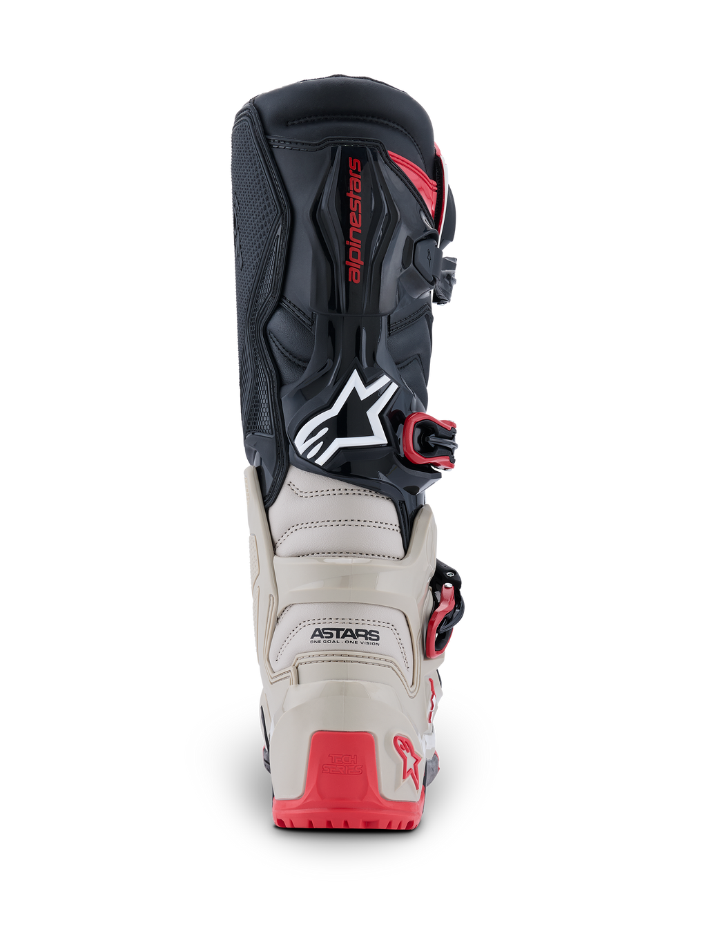 Alpinestars 2026 Tech 7 Enduro-stövlar, vy bakifrån, svart, ljusgrå och klarröd, med förstärkt TPU-skydd på häl och vad, vit Astars-logotyp och röda spännesdetaljer, hållbar konstruktion för terrängkörning
