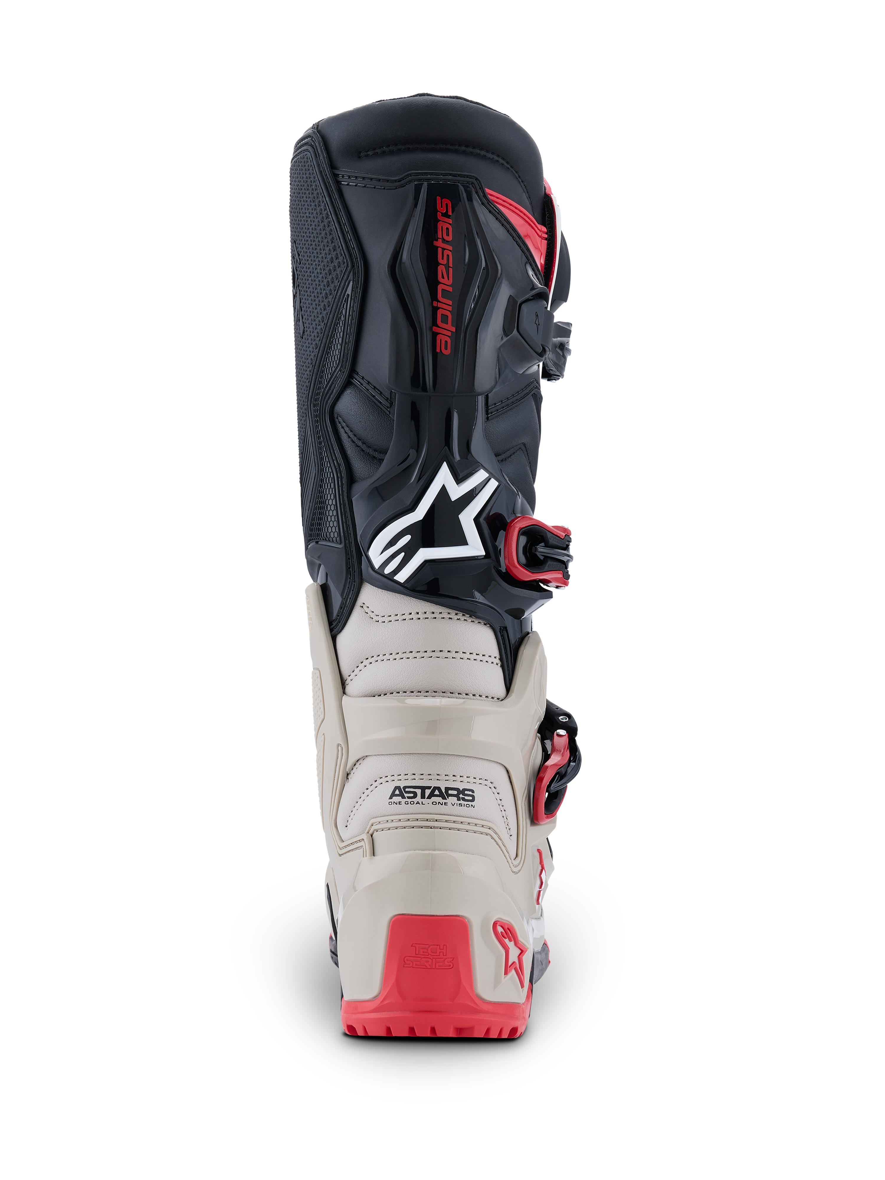 Alpinestars 2026 Tech 7 Enduro-stövlar, vy bakifrån, svart, ljusgrå och klarröd, med förstärkt TPU-skydd på häl och vad, vit Astars-logotyp och röda spännesdetaljer, hållbar konstruktion för terrängkörning