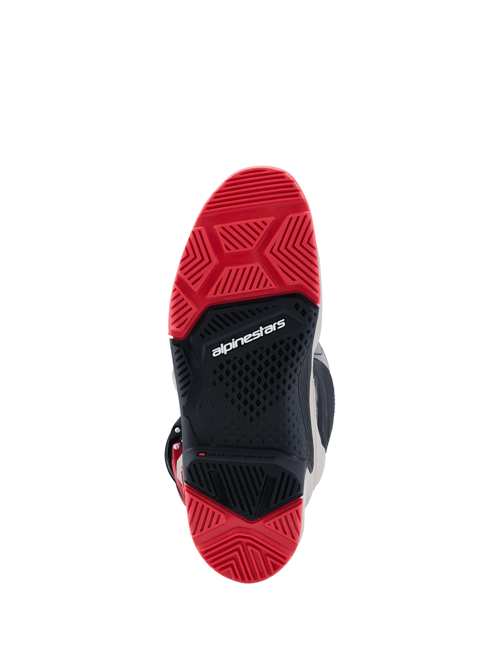 Alpinestars 2026 Tech 7 Enduro-stövlar, vy underifrån av dubbelkomponentsula, rött och svart gummi med specialiserat mönster för terränggrepp, vit Alpinestars-logotyp i mitten.