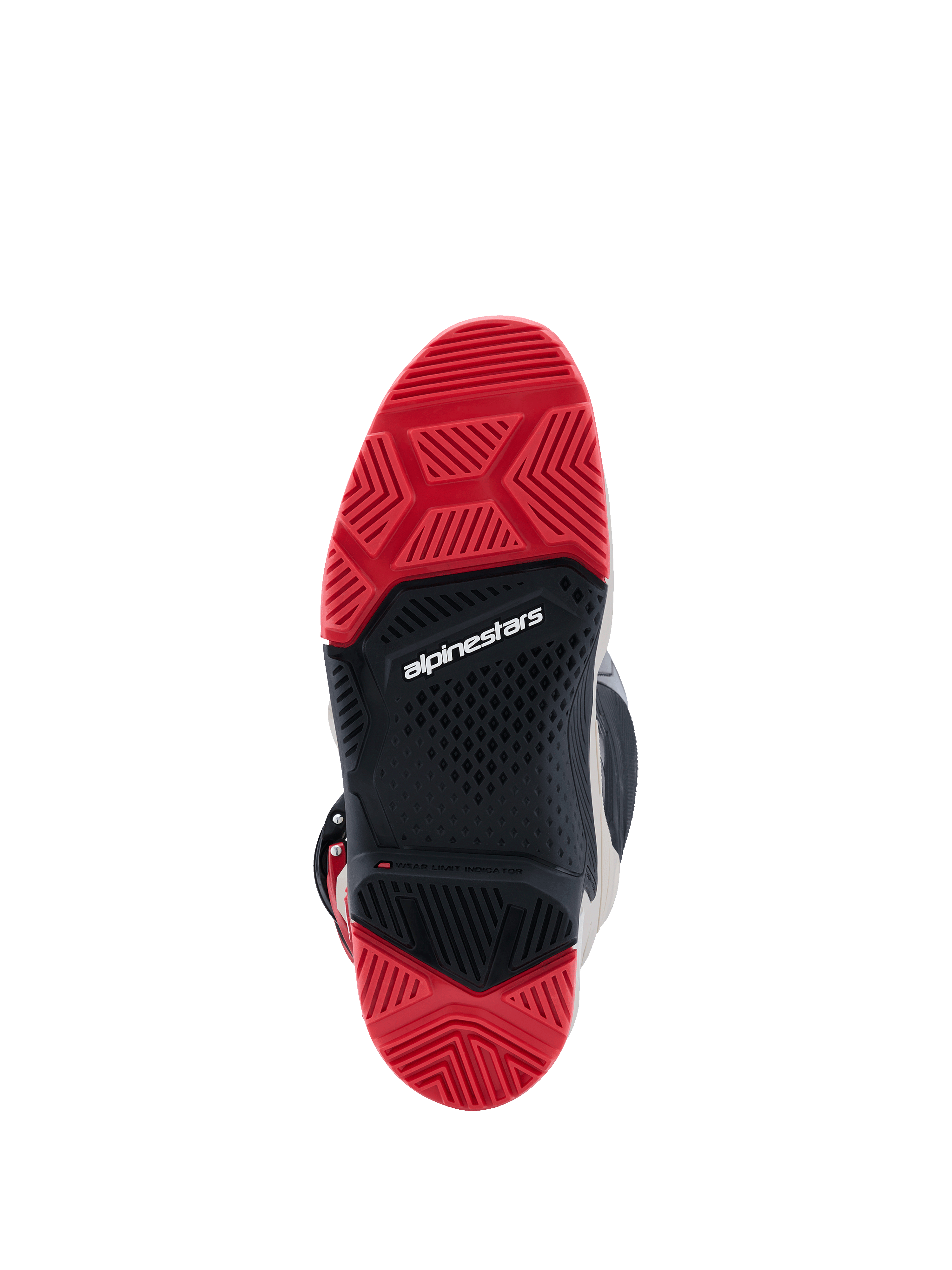 Alpinestars 2026 Tech 7 Enduro-stövlar, vy underifrån av dubbelkomponentsula, rött och svart gummi med specialiserat mönster för terränggrepp, vit Alpinestars-logotyp i mitten.