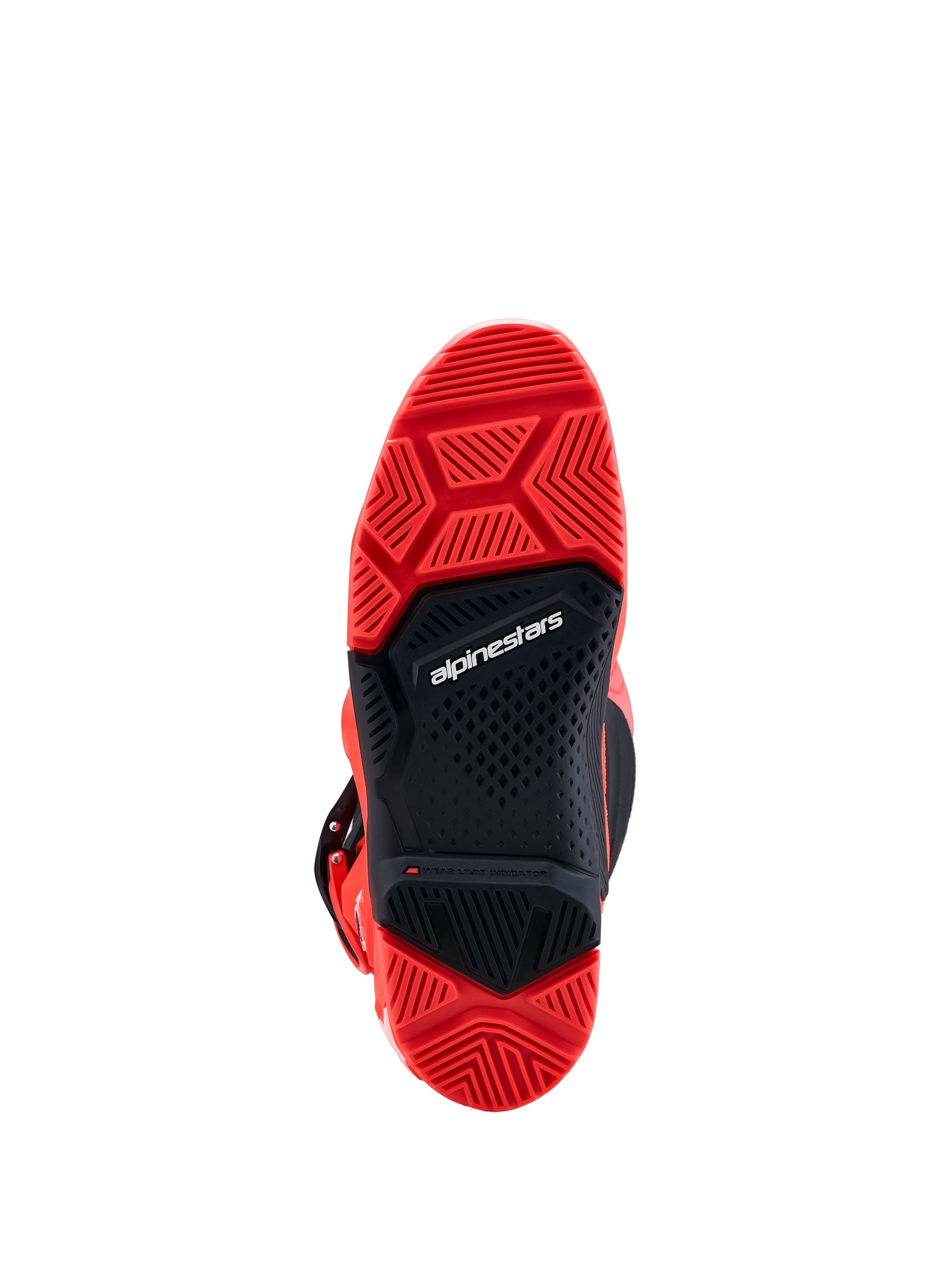 Alpinestars Tech 7 Enduro Boots featuring a red and black high-grip dual-compound sole for off-road motorcycle racing and enduro performance.