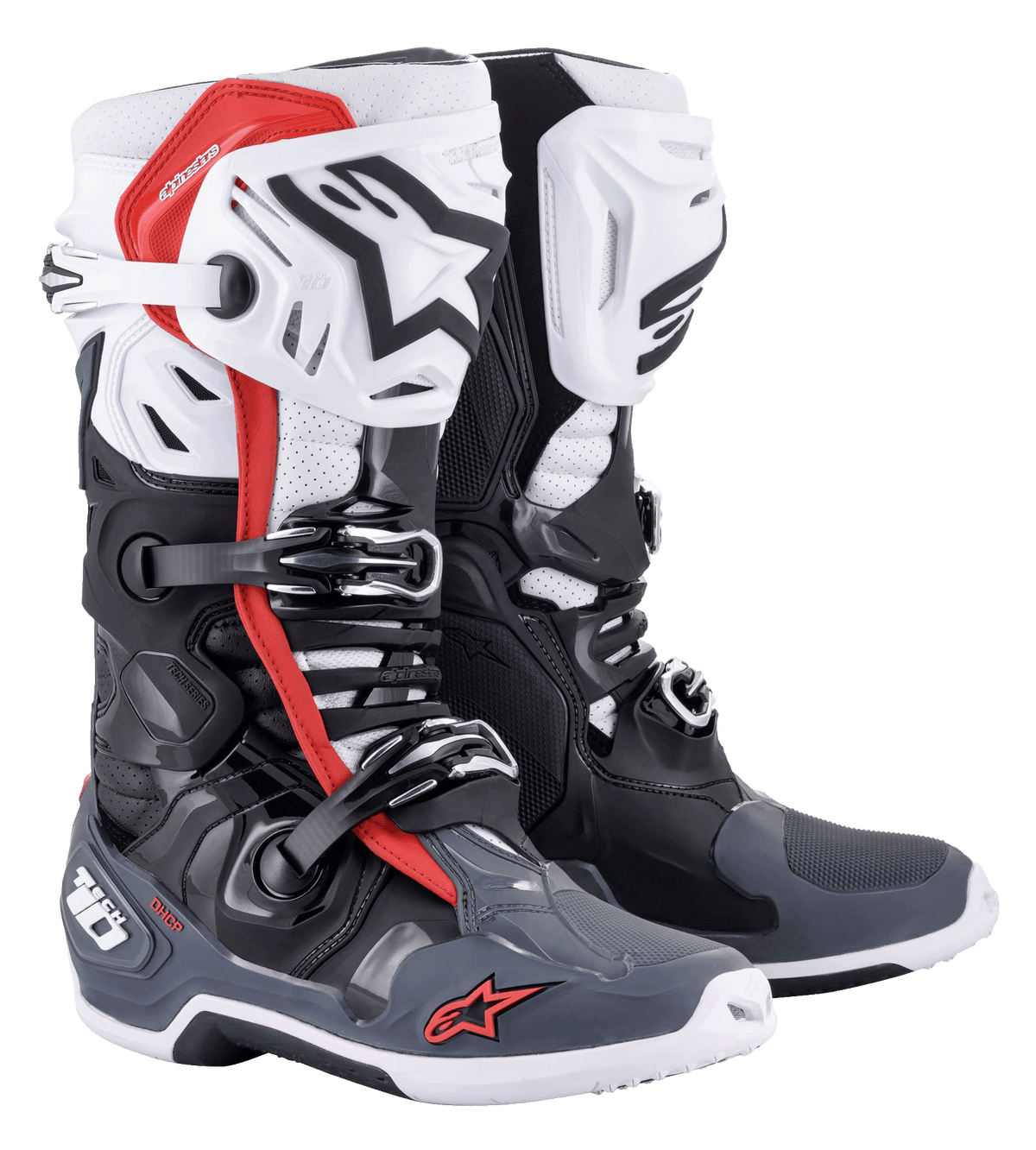 Alpinestars Tech 10 Supervented-stövlar, motocross-stövlar, svarta, vita, mellangrå och röda, med ventilerade skenbensplattor, perforerad mikrofiberkonstruktion för luftflöde, stängningssystem med flera spännen och Alpinestars-logotyp på tån och hälen.