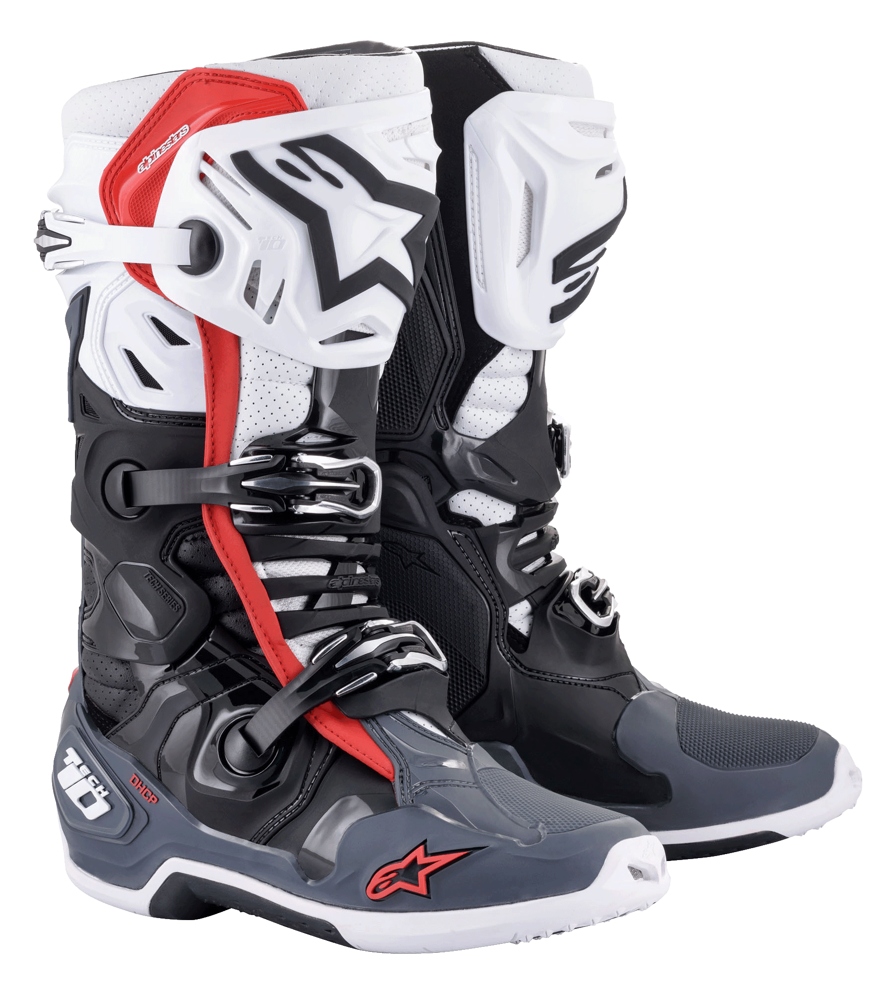 Alpinestars Tech 10 Supervented-stövlar, motocross-stövlar, svarta, vita, mellangrå och röda, med ventilerade skenbensplattor, perforerad mikrofiberkonstruktion för luftflöde, stängningssystem med flera spännen och Alpinestars-logotyp på tån och hälen.