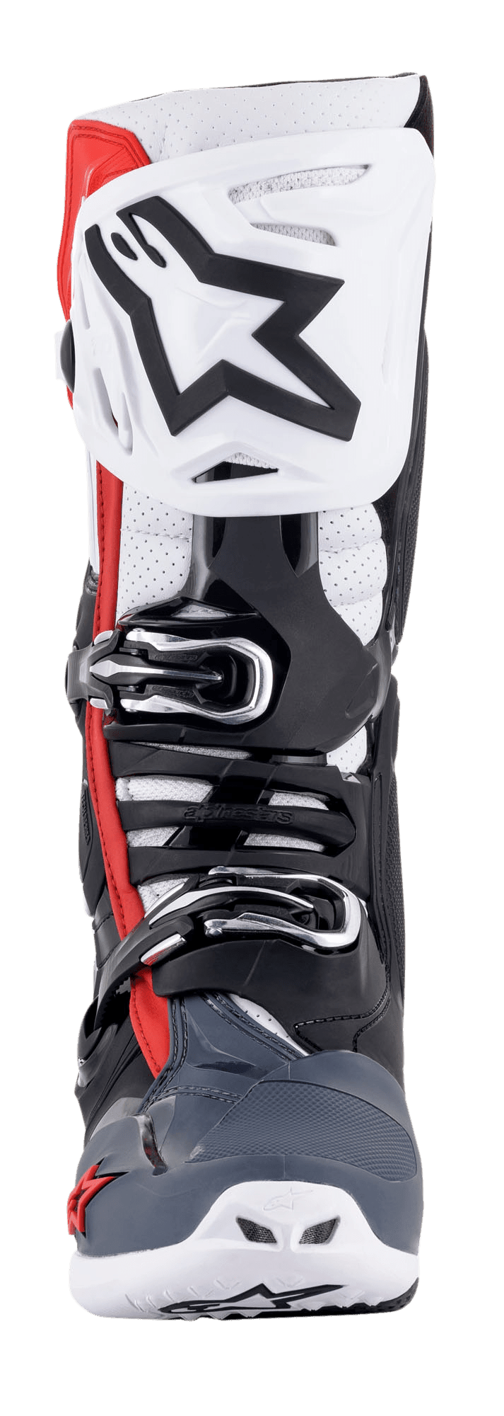 Alpinestars Tech 10 Supervented stövlar, vy framifrån, svart, vit, mellangrå och röd, med en ventilerad skenbensplatta med en stor svart stjärnlogotyp, mikrojusterbart spännsystem, perforerade zoner för luftflöde och ett hållbart TPU-skyddschassi för motocross.