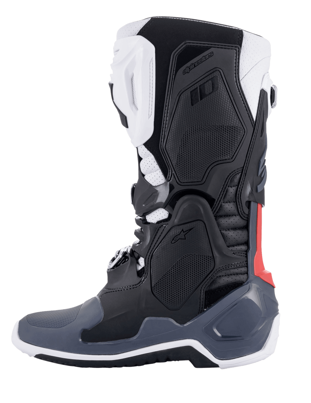Alpinestars Tech 10 Supervented-stövlar, motocross-stövlar, svarta, vita, mellangrå och röda, profilvy från sidan, med ventilerade TPU-paneler, perforerad mikrofiberkonstruktion och högpresterande sula för terrängkörning