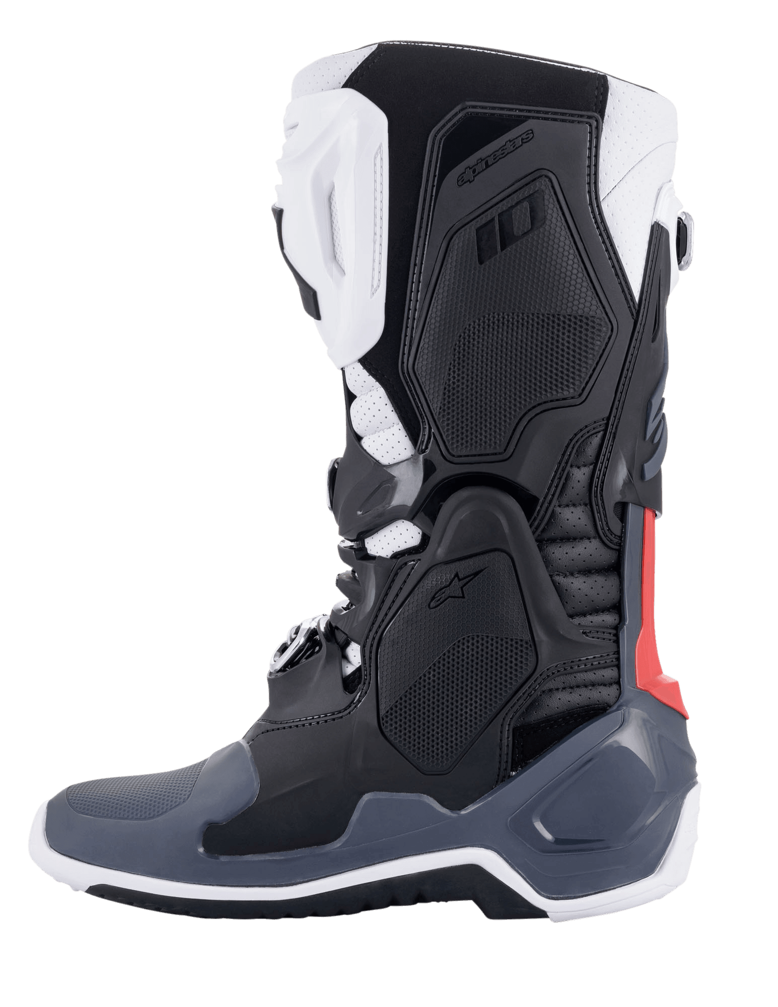 Alpinestars Tech 10 Supervented-stövlar, motocross-stövlar, svarta, vita, mellangrå och röda, profilvy från sidan, med ventilerade TPU-paneler, perforerad mikrofiberkonstruktion och högpresterande sula för terrängkörning