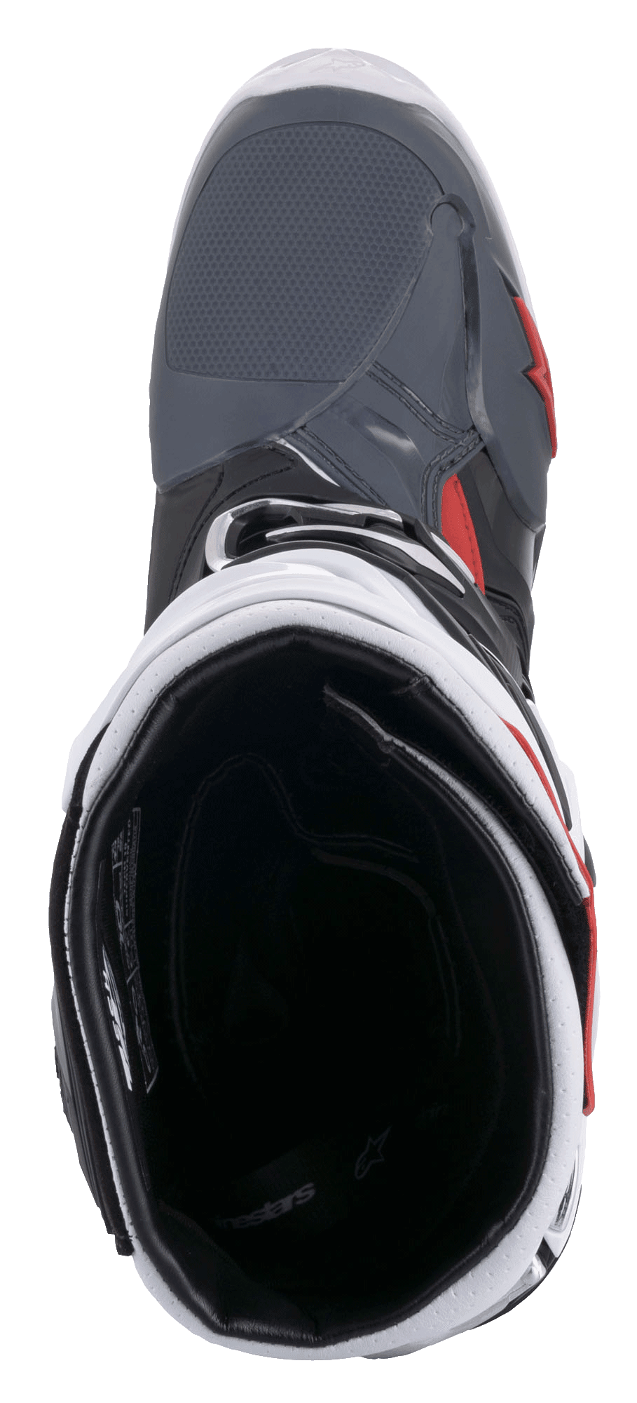 Alpinestars Tech 10 Supervented-stövlar, motocross-stövlar, svart vit mellangrå röd, vy ovanifrån som visar det inre nätfodret och den vadderade kragen, teknisk design för optimalt luftflöde