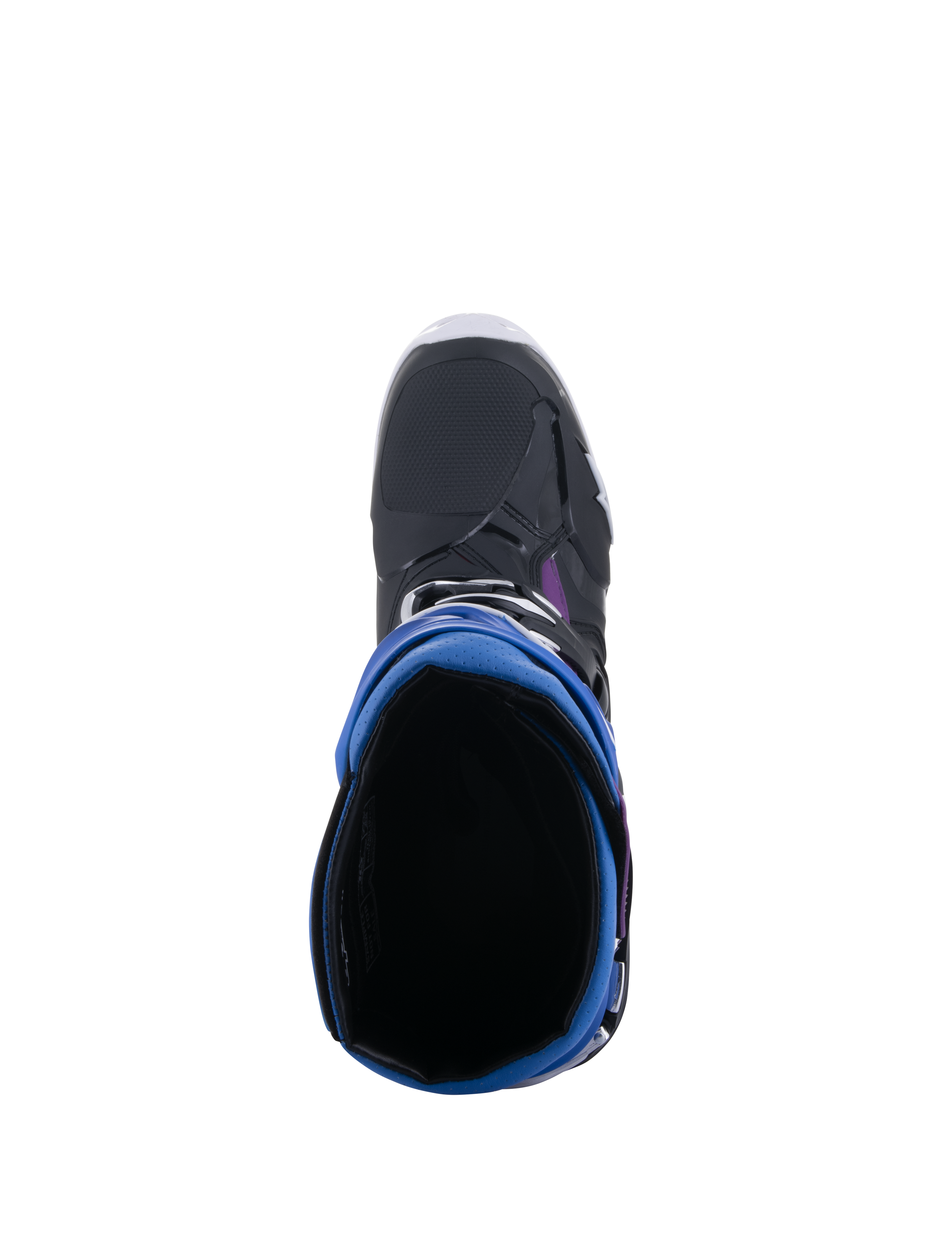 Alpinestars Tech 10 Supervented Boots, top-down view looking into the boot opening, Black Enamel Blue Purple White colorway, showing the 3D mesh lining and blue gaiter, high-performance motocross footwear