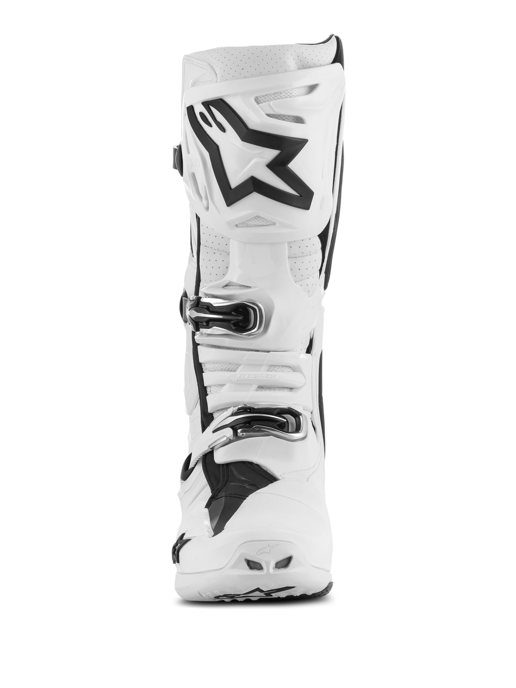 Alpinestars Tech 10 Supervented-stövlar, motocross-stövlar, vita med svarta detaljer, vy framifrån som visar en stor svart Astar-logotyp på skenbensplattan, spännessystem och perforerade partier för ventilation.