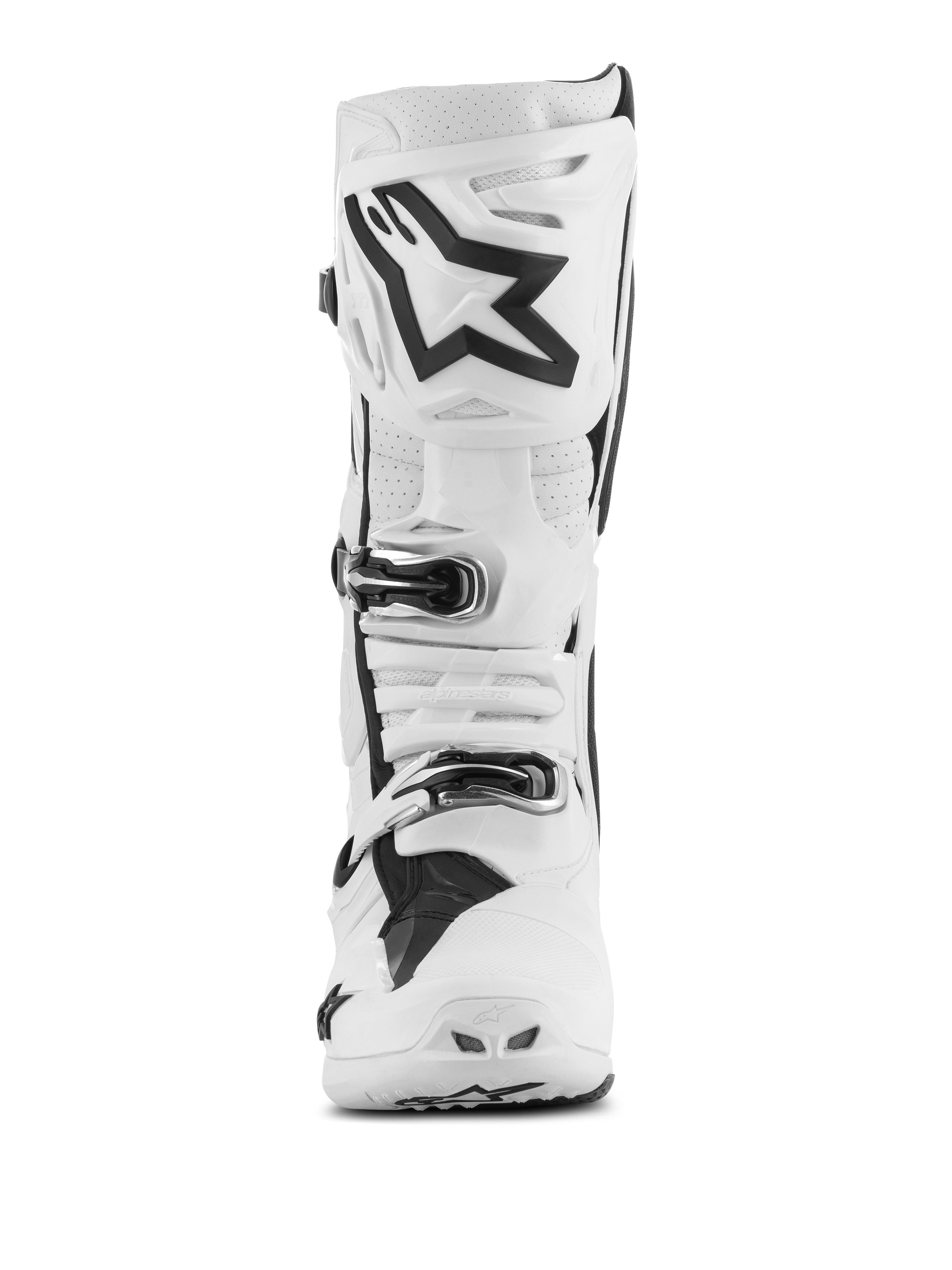 Alpinestars Tech 10 Supervented-stövlar, motocross-stövlar, vita med svarta detaljer, vy framifrån som visar en stor svart Astar-logotyp på skenbensplattan, spännessystem och perforerade partier för ventilation.