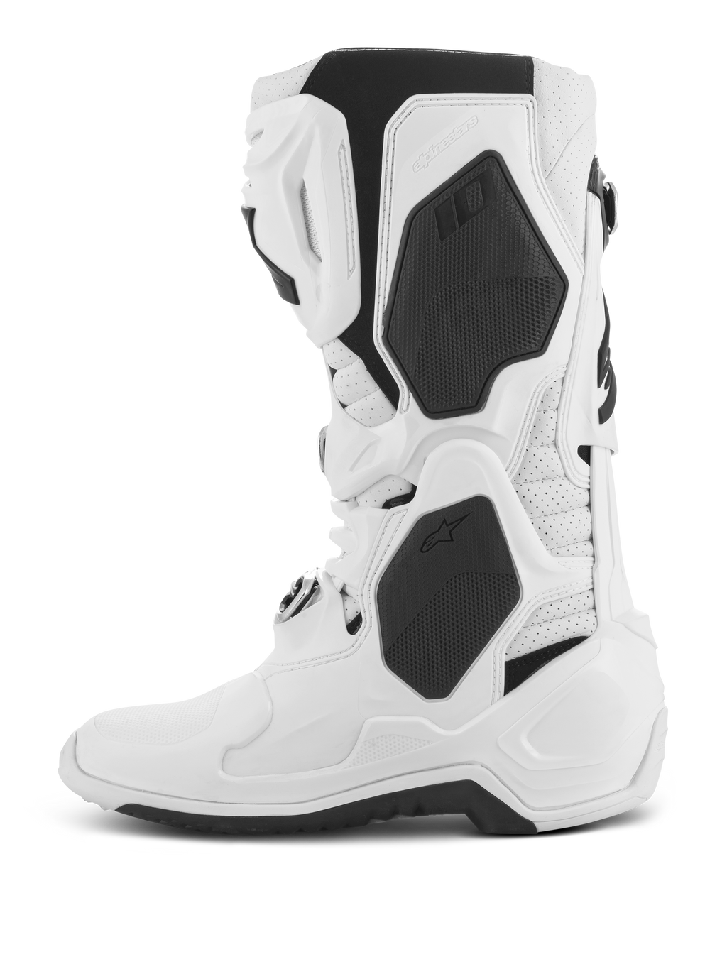 Alpinestars Tech 10 Supervented stövlar, motocross-stövlar, vita, profilvy, med svarta TPU-paneler och perforerad mikrofiberkonstruktion, ventilerad skenbensplatta för högt luftflöde, professionella racingstövlar för terrängkörning