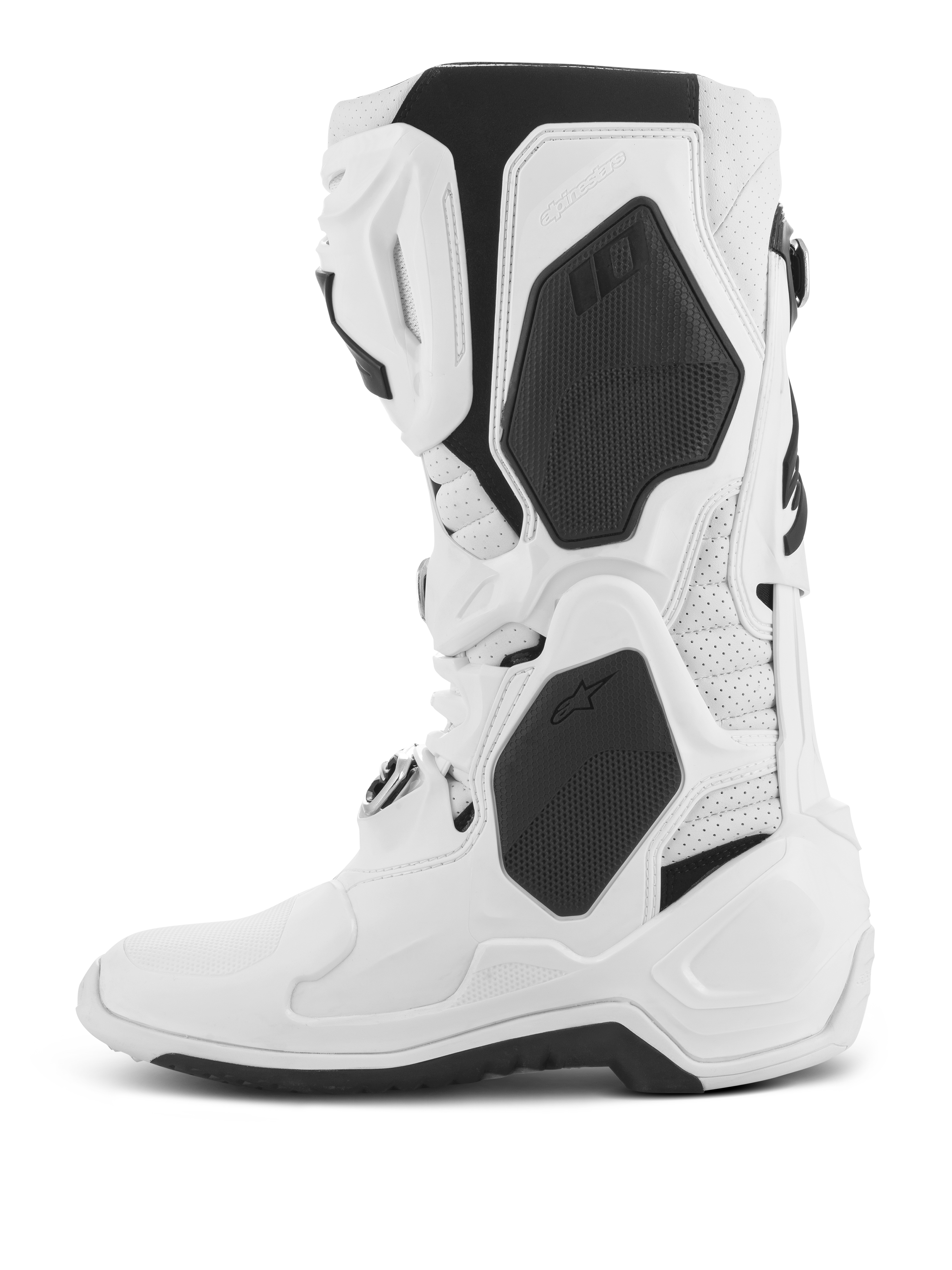 Alpinestars Tech 10 Supervented stövlar, motocross-stövlar, vita, profilvy, med svarta TPU-paneler och perforerad mikrofiberkonstruktion, ventilerad skenbensplatta för högt luftflöde, professionella racingstövlar för terrängkörning