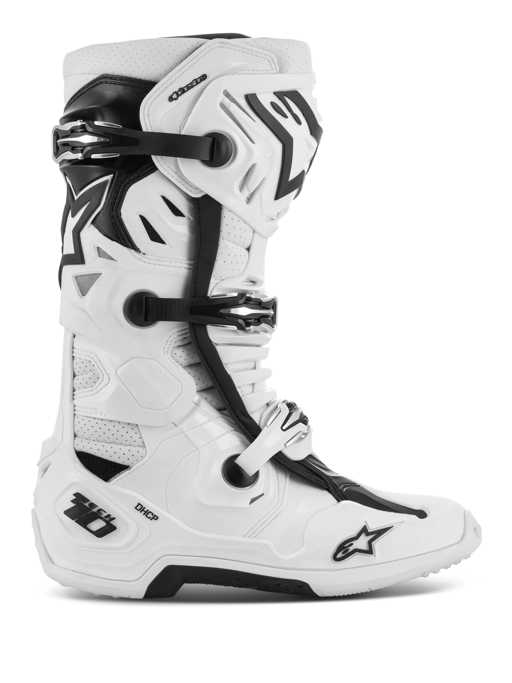 Alpinestars Tech 10 Supervented stövlar, racingstövlar för motocross och terrängkörning, vita och svarta, med flera justerbara spännen, perforerade ventilationspaneler och en robust skyddande design med högt skaft