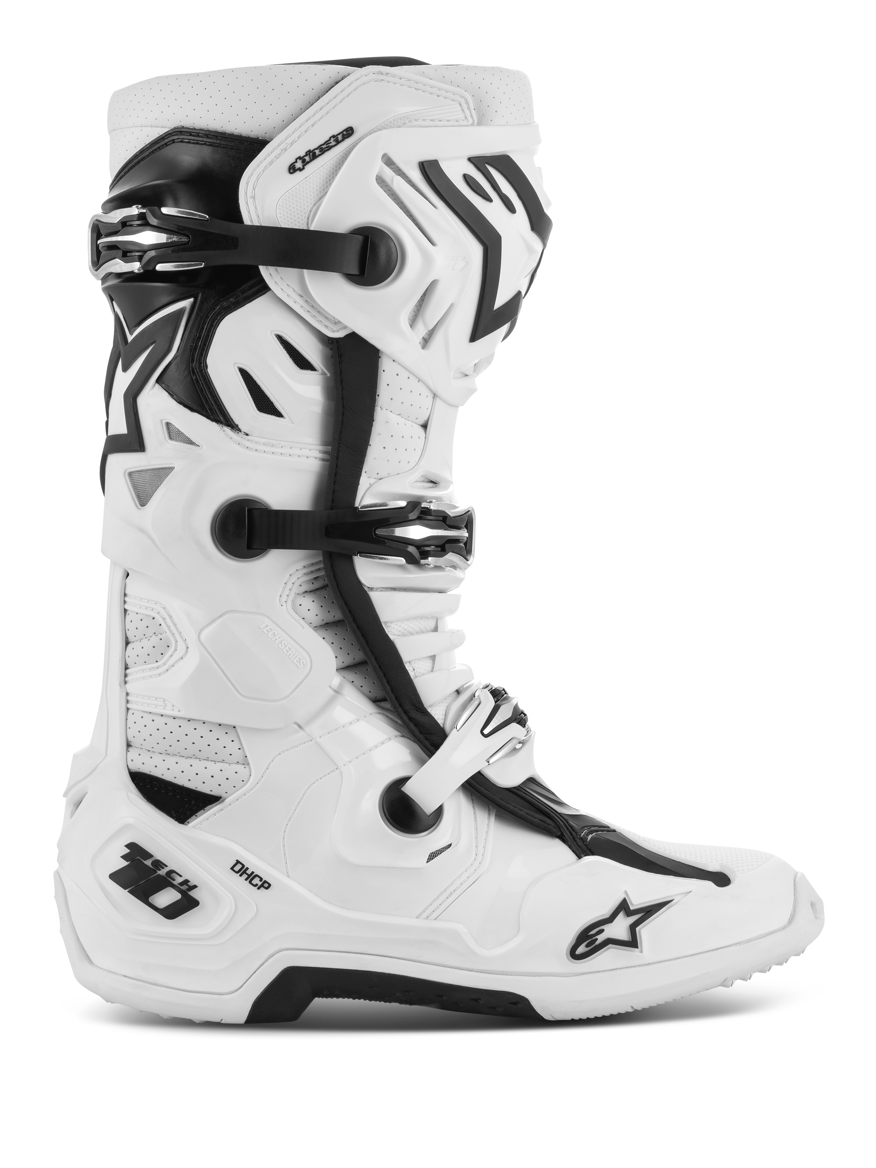 Alpinestars Tech 10 Supervented stövlar, racingstövlar för motocross och terrängkörning, vita och svarta, med flera justerbara spännen, perforerade ventilationspaneler och en robust skyddande design med högt skaft