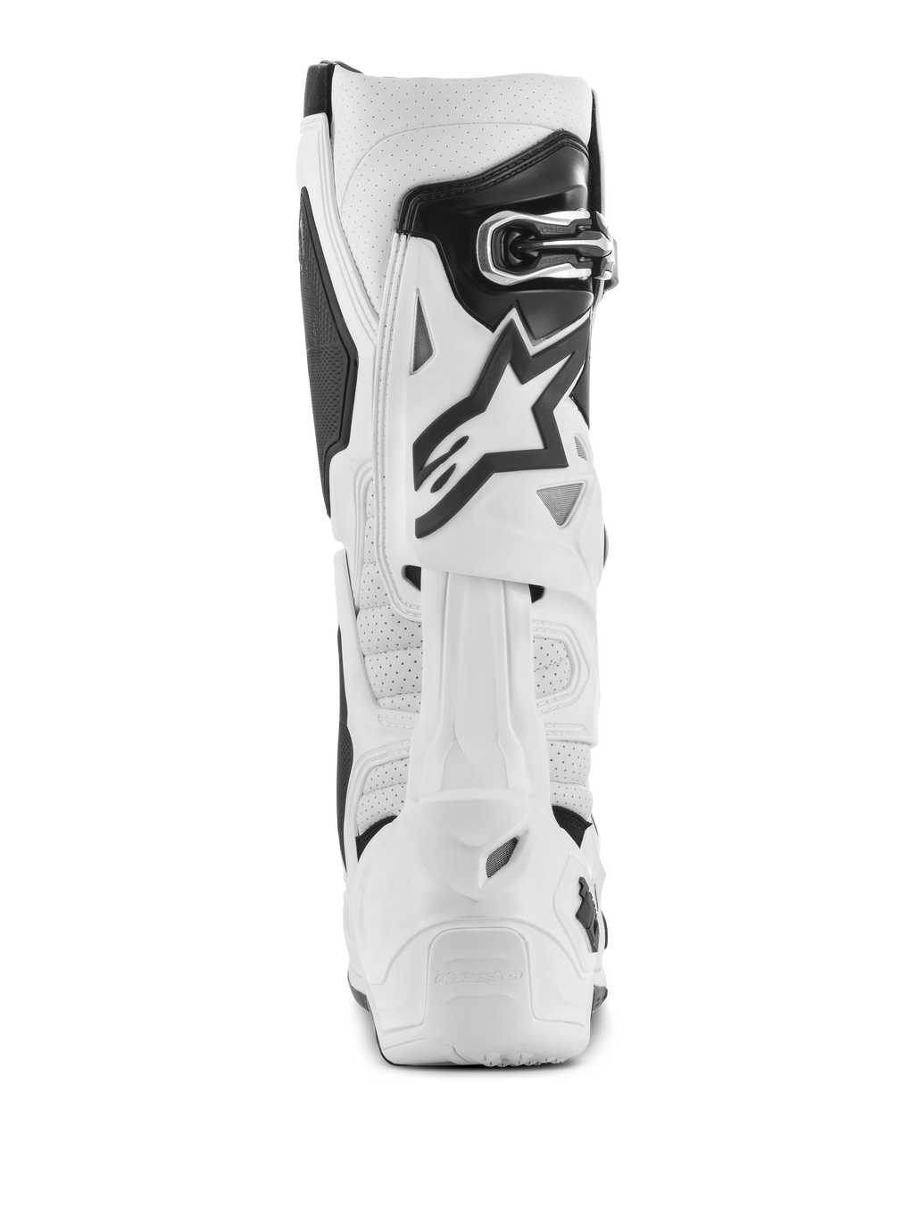 Alpinestars Tech 10 Supervented-stövlar, vita motocross-stövlar, vy bakifrån med perforerad mikrofiber för luftflöde, vitt TPU-bladsystem baktill, svart stjärnlogotyp, säker spännstängning, högpresterande skor för terrängkörning