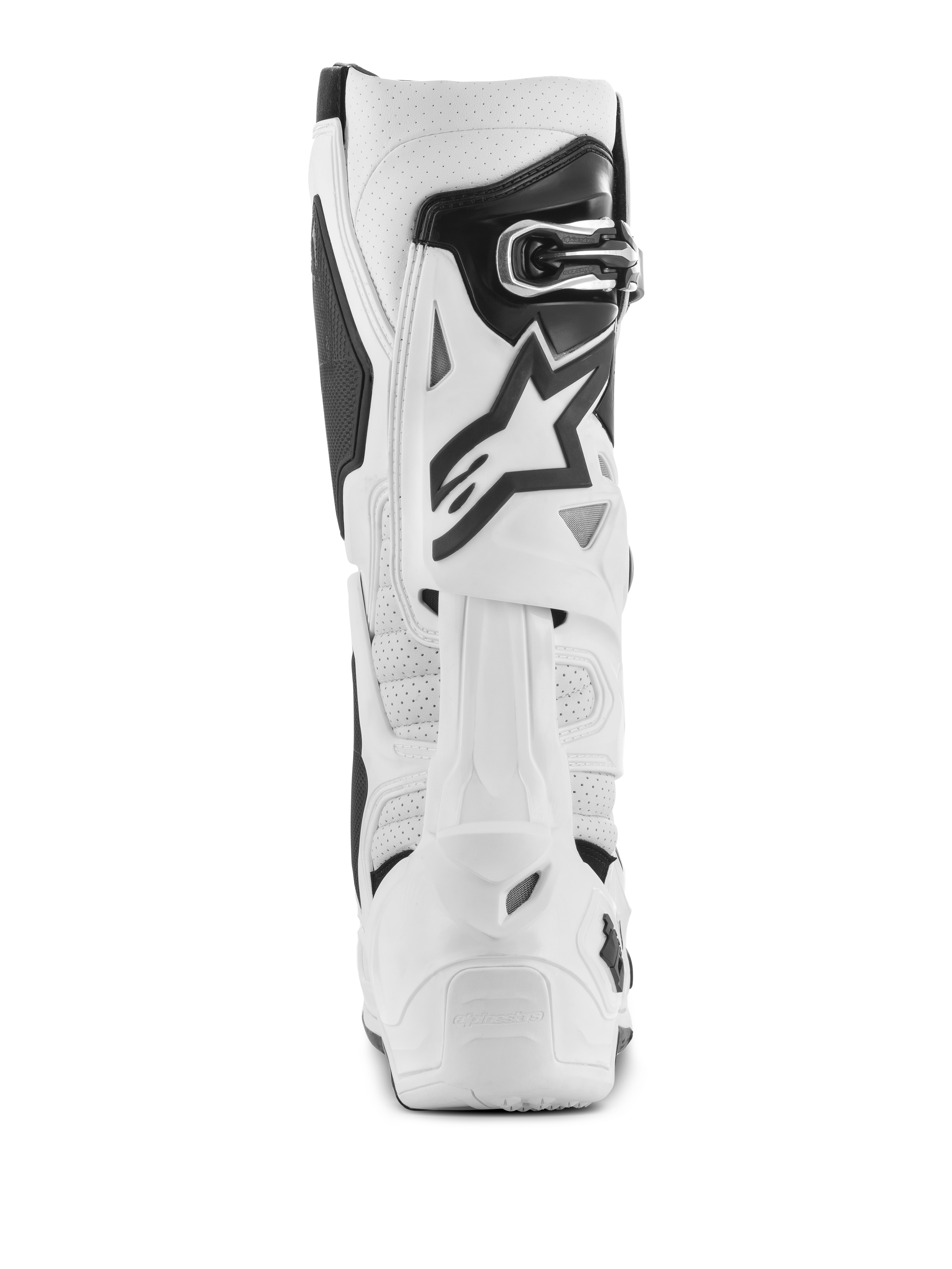 Alpinestars Tech 10 Supervented-stövlar, vita motocross-stövlar, vy bakifrån med perforerad mikrofiber för luftflöde, vitt TPU-bladsystem baktill, svart stjärnlogotyp, säker spännstängning, högpresterande skor för terrängkörning