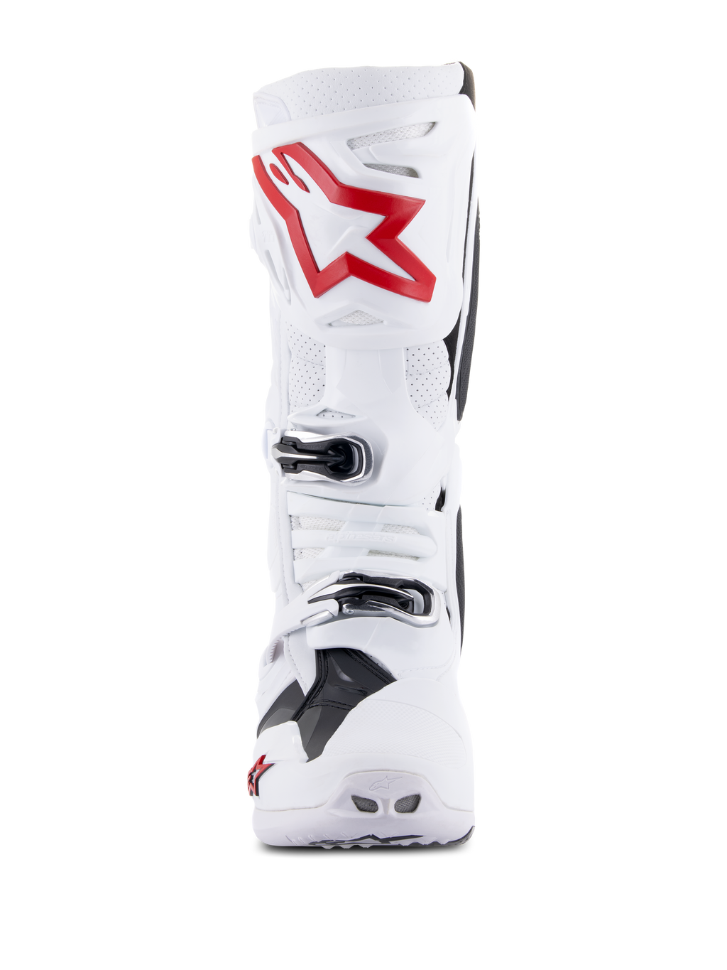 Alpinestars Tech 10 Supervented-stövlar, vita och klarröda, vy framifrån som visar ventilerade perforerade paneler, stor röd stjärnlogotyp på skenbensskyddet, justerbara silverspännen, högpresterande motocrossdesign