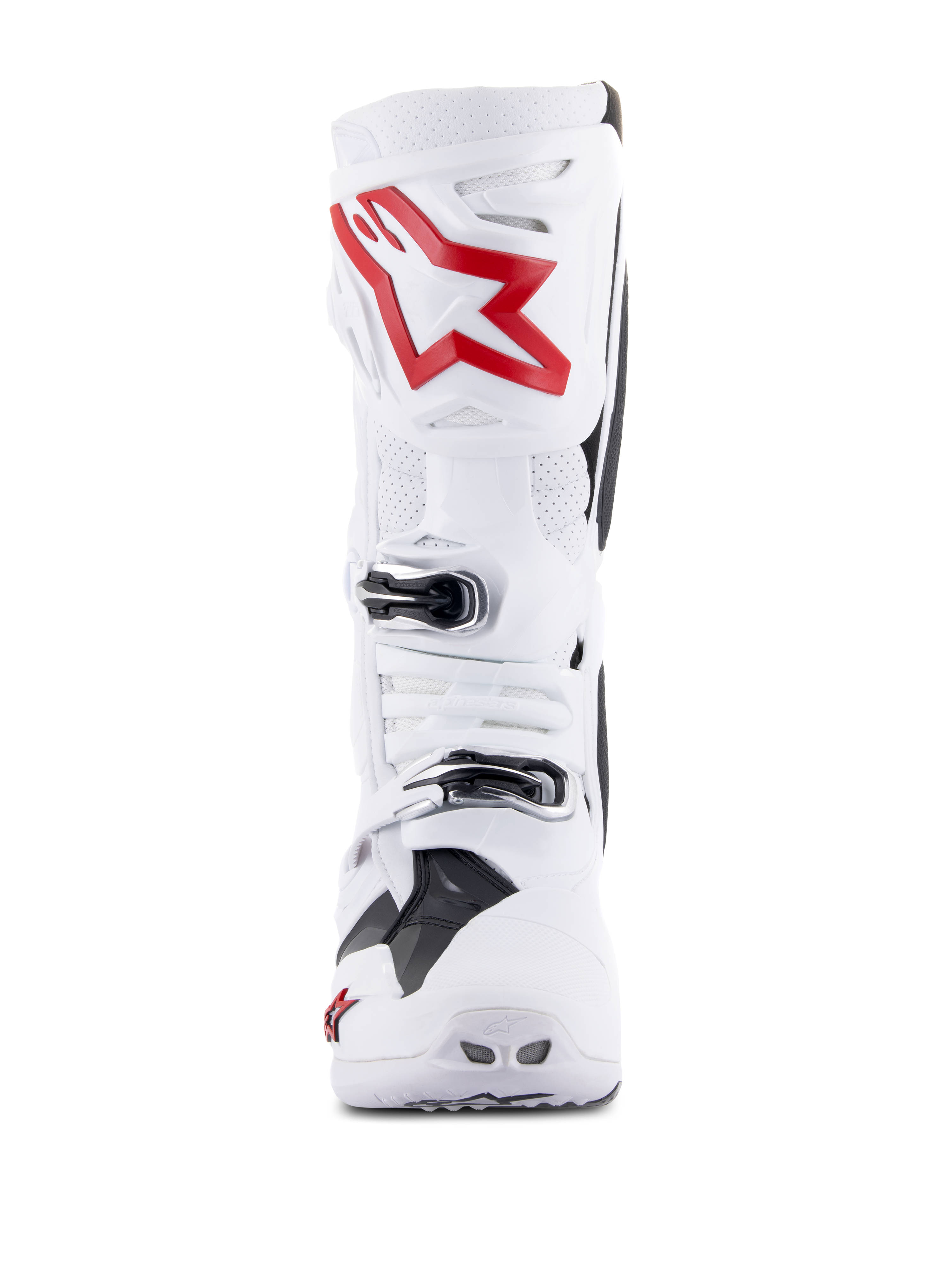 Alpinestars Tech 10 Supervented-stövlar, vita och klarröda, vy framifrån som visar ventilerade perforerade paneler, stor röd stjärnlogotyp på skenbensskyddet, justerbara silverspännen, högpresterande motocrossdesign