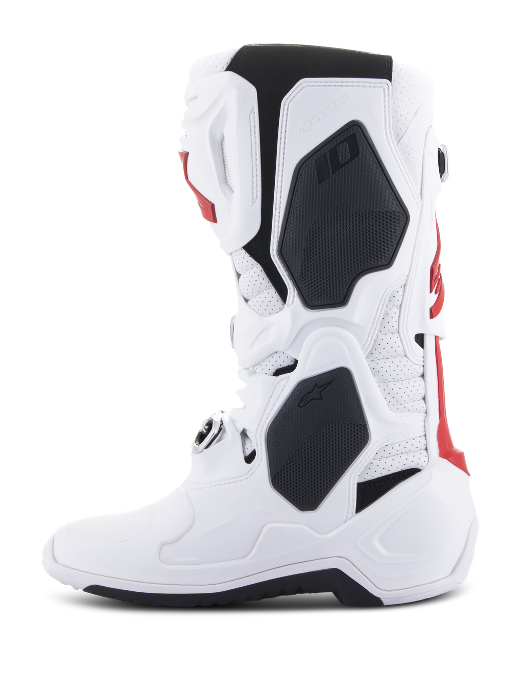 Alpinestars Tech 10 Supervented-stövlar, motocrossstövlar, vita och ljusröda med svarta detaljer, sidoprofilvy som framhäver den ventilerade konstruktionen och det skyddande TPU-skalet