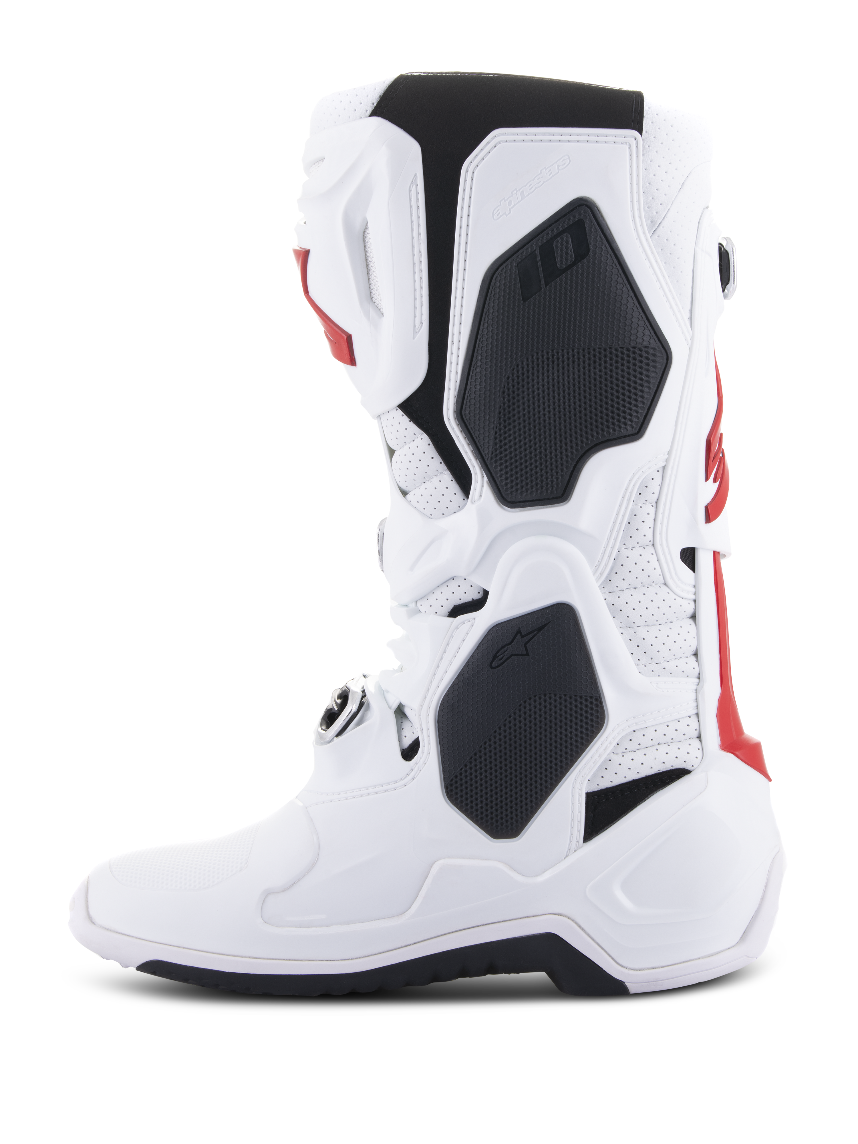 Alpinestars Tech 10 Supervented-stövlar, motocrossstövlar, vita och ljusröda med svarta detaljer, sidoprofilvy som framhäver den ventilerade konstruktionen och det skyddande TPU-skalet