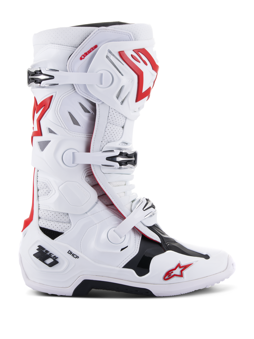 Alpinestars Tech 10 Supervented-stövlar, motocrossstövlar för terrängracing, vita med röda och svarta detaljer, justerbart spännsystem med flera spännen, perforerade ventilationspaneler, röd stjärnlogotyp, DHCP-teknik, förstärkta skyddspaneler och robust terrängsula