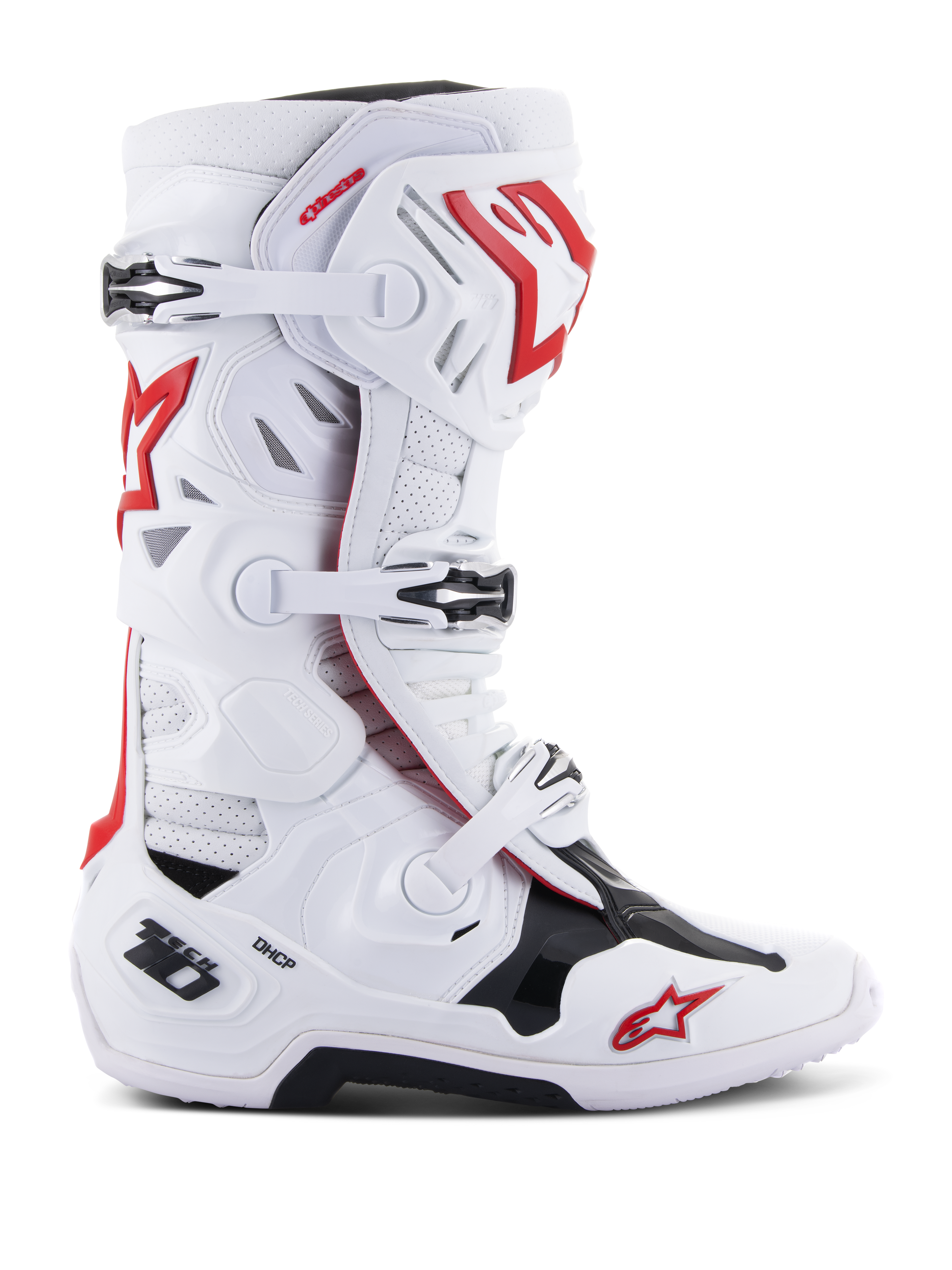 Alpinestars Tech 10 Supervented-stövlar, motocrossstövlar för terrängracing, vita med röda och svarta detaljer, justerbart spännsystem med flera spännen, perforerade ventilationspaneler, röd stjärnlogotyp, DHCP-teknik, förstärkta skyddspaneler och robust terrängsula