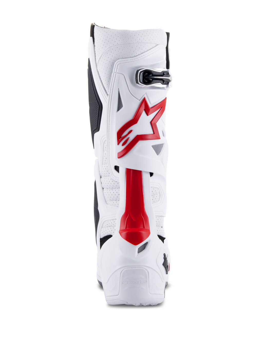 Alpinestars Tech 10 Supervented-stövlar, motocross-stövlar, vita och klarröda, vy bakifrån som visar ventilerad mikrofiber, röd stjärnlogotyp och förstärkt TPU-skal för terrängprestanda