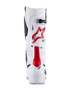 Alpinestars Tech 10 Supervented-stövlar, motocross-stövlar, vita och klarröda, vy bakifrån som visar ventilerad mikrofiber, röd stjärnlogotyp och förstärkt TPU-skal för terrängprestanda