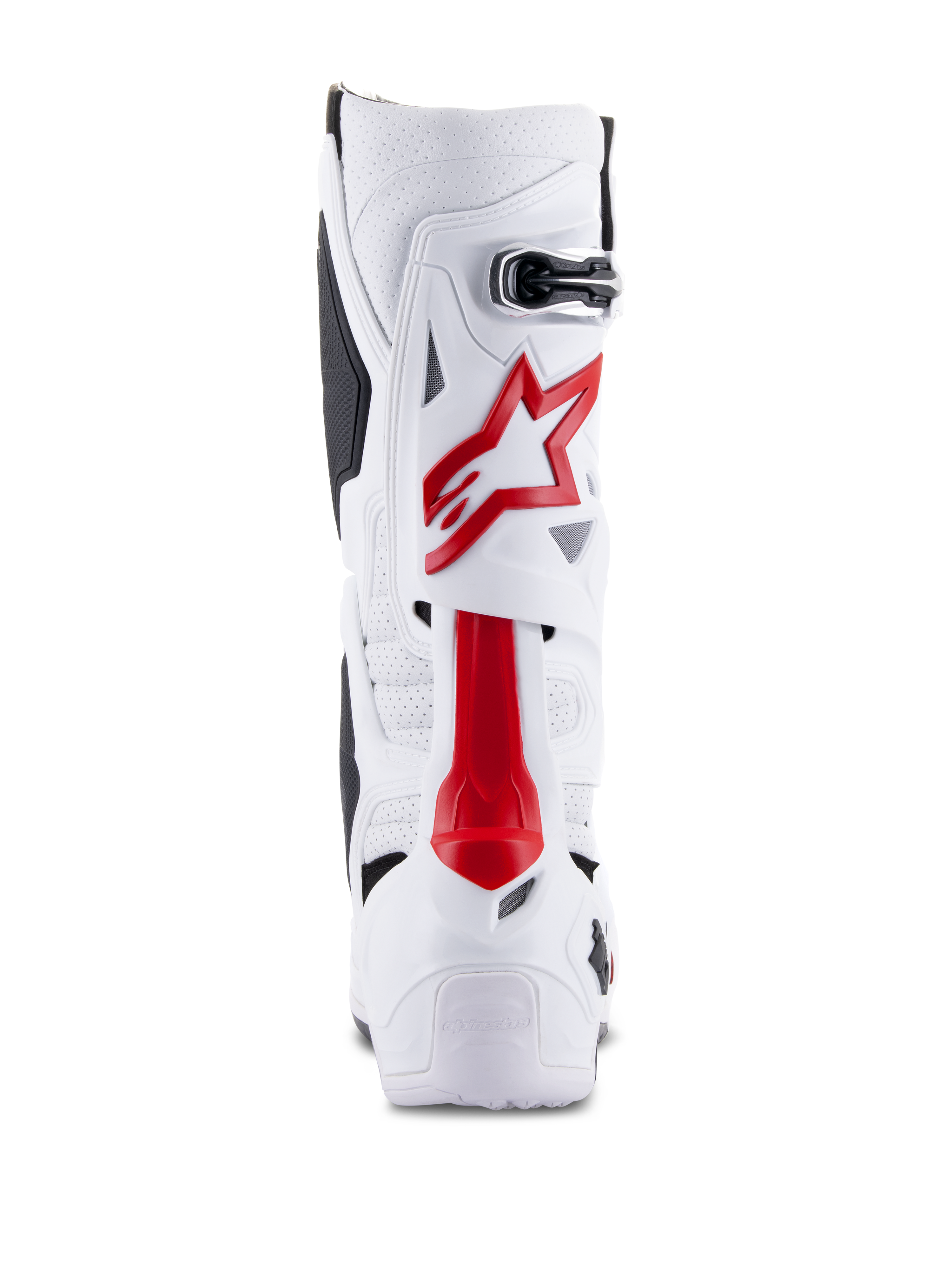 Alpinestars Tech 10 Supervented-stövlar, motocross-stövlar, vita och klarröda, vy bakifrån som visar ventilerad mikrofiber, röd stjärnlogotyp och förstärkt TPU-skal för terrängprestanda