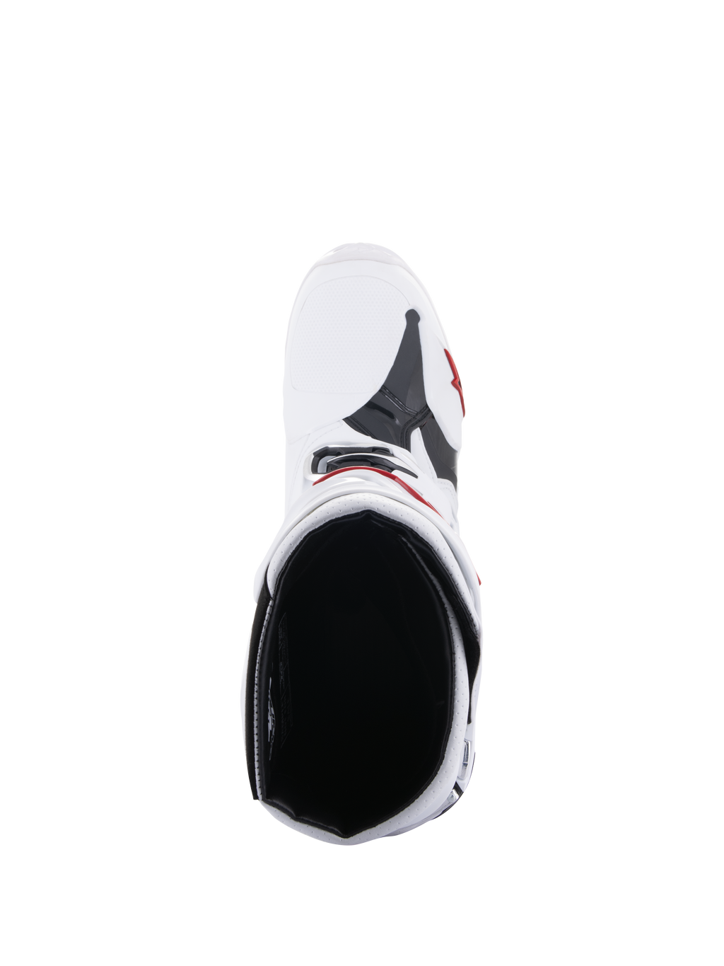 Alpinestars Tech 10 Supervented-stövlar, motocrossstövlar, vita och klarröda, vy uppifrån som visar den inre meshfodringen och den ventilerade ovandelskonstruktionen, högpresterande racingutrustning för terrängkörning