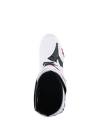 Alpinestars Tech 10 Supervented-stövlar, motocrossstövlar, vita och klarröda, vy uppifrån som visar den inre meshfodringen och den ventilerade ovandelskonstruktionen, högpresterande racingutrustning för terrängkörning