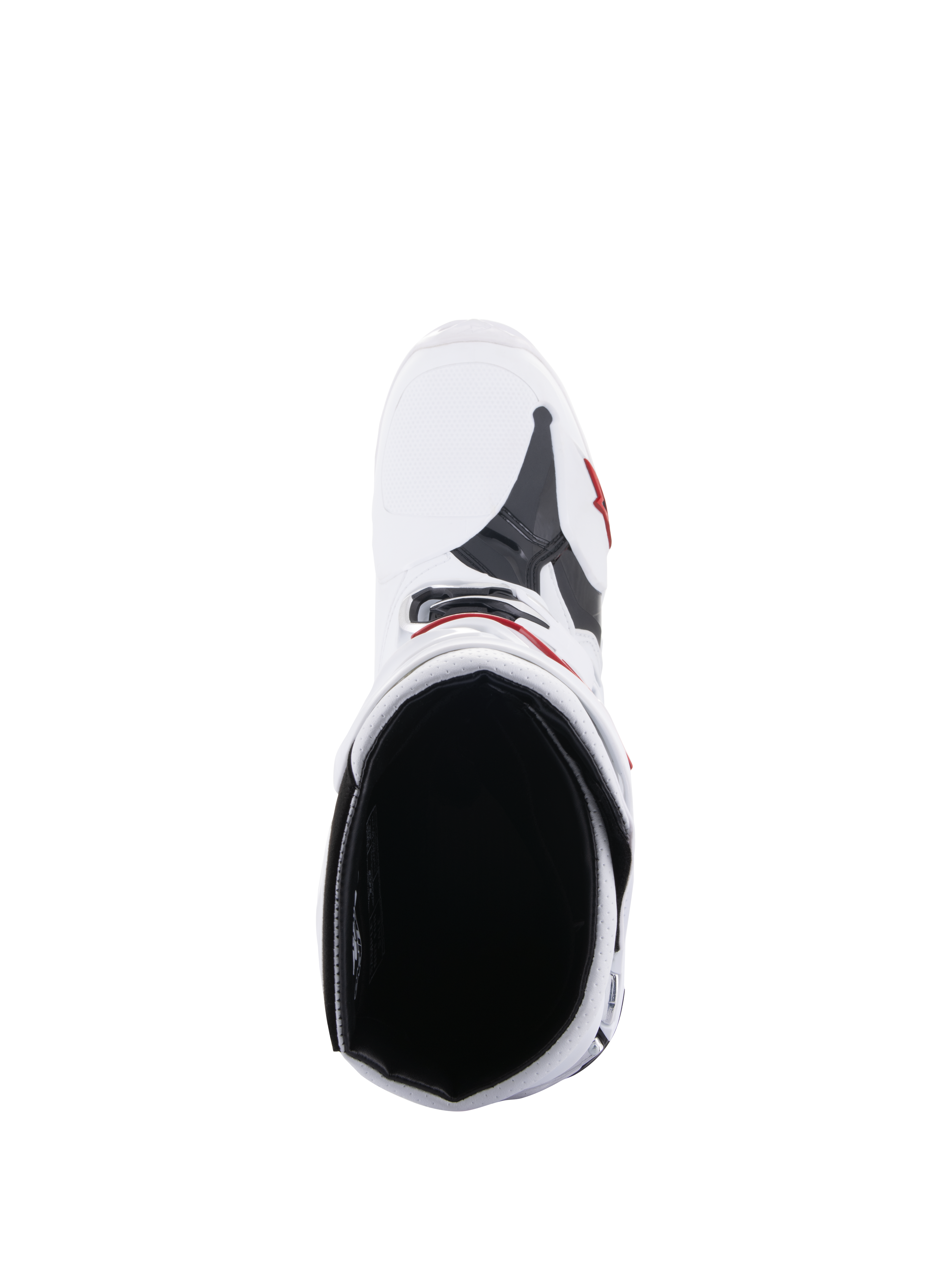 Alpinestars Tech 10 Supervented-stövlar, motocrossstövlar, vita och klarröda, vy uppifrån som visar den inre meshfodringen och den ventilerade ovandelskonstruktionen, högpresterande racingutrustning för terrängkörning