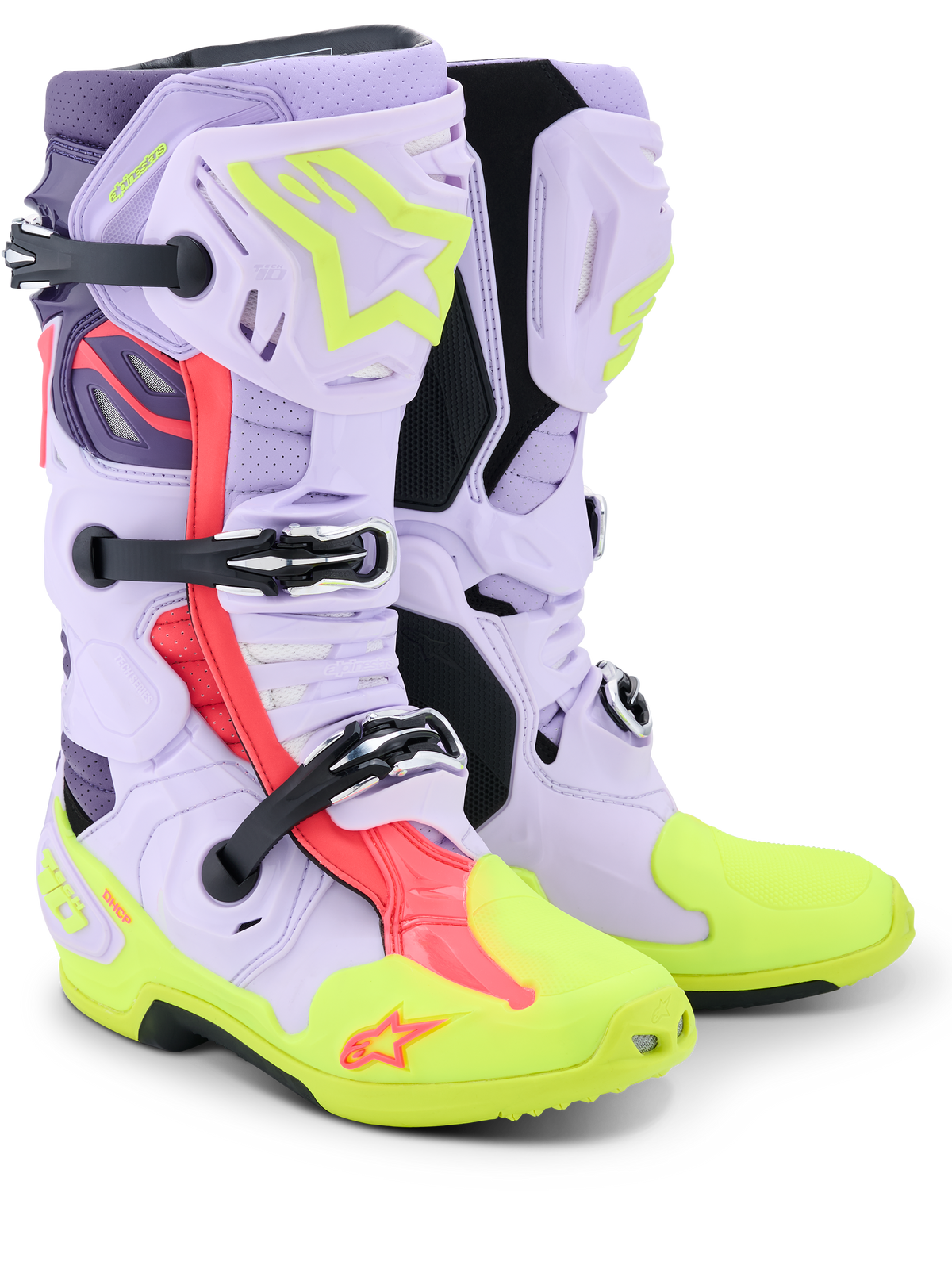 Alpinestars Tech 10 Supervented stövlar, motocross-stövlar, lila, neongul och Diva Pink, med perforerad mikrofiberkonstruktion för maximalt luftflöde, mekaniskt spännsystem, neongul tå och sula samt livfulla rosa detaljer.