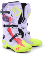 Alpinestars Tech 10 Supervented stövlar, motocross-stövlar, lila, neongul och Diva Pink, med perforerad mikrofiberkonstruktion för maximalt luftflöde, mekaniskt spännsystem, neongul tå och sula samt livfulla rosa detaljer.