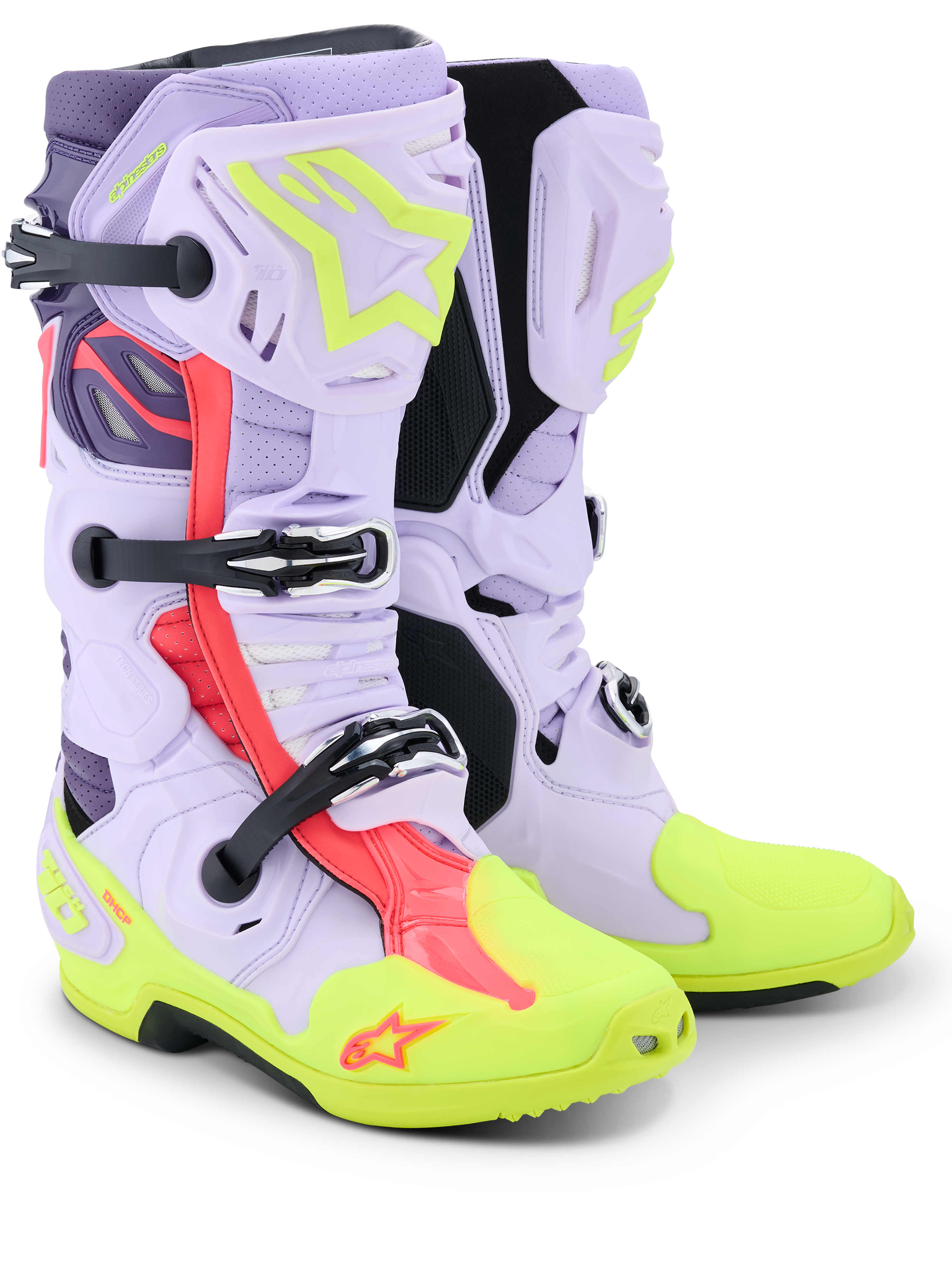 Alpinestars Tech 10 Supervented stövlar, motocross-stövlar, lila, neongul och Diva Pink, med perforerad mikrofiberkonstruktion för maximalt luftflöde, mekaniskt spännsystem, neongul tå och sula samt livfulla rosa detaljer.