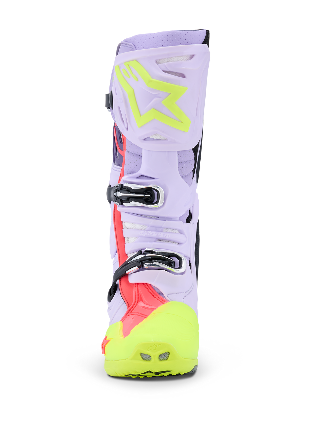 Alpinestars Tech 10 Supervented-stövlar, motocross-stövlar, lila, neongula och Diva Pink, frontvy som framhäver spännesystemet och den ventilerade skenbensplattan, professionella off-road-stövlar med ovandel i perforerad mikrofiber
