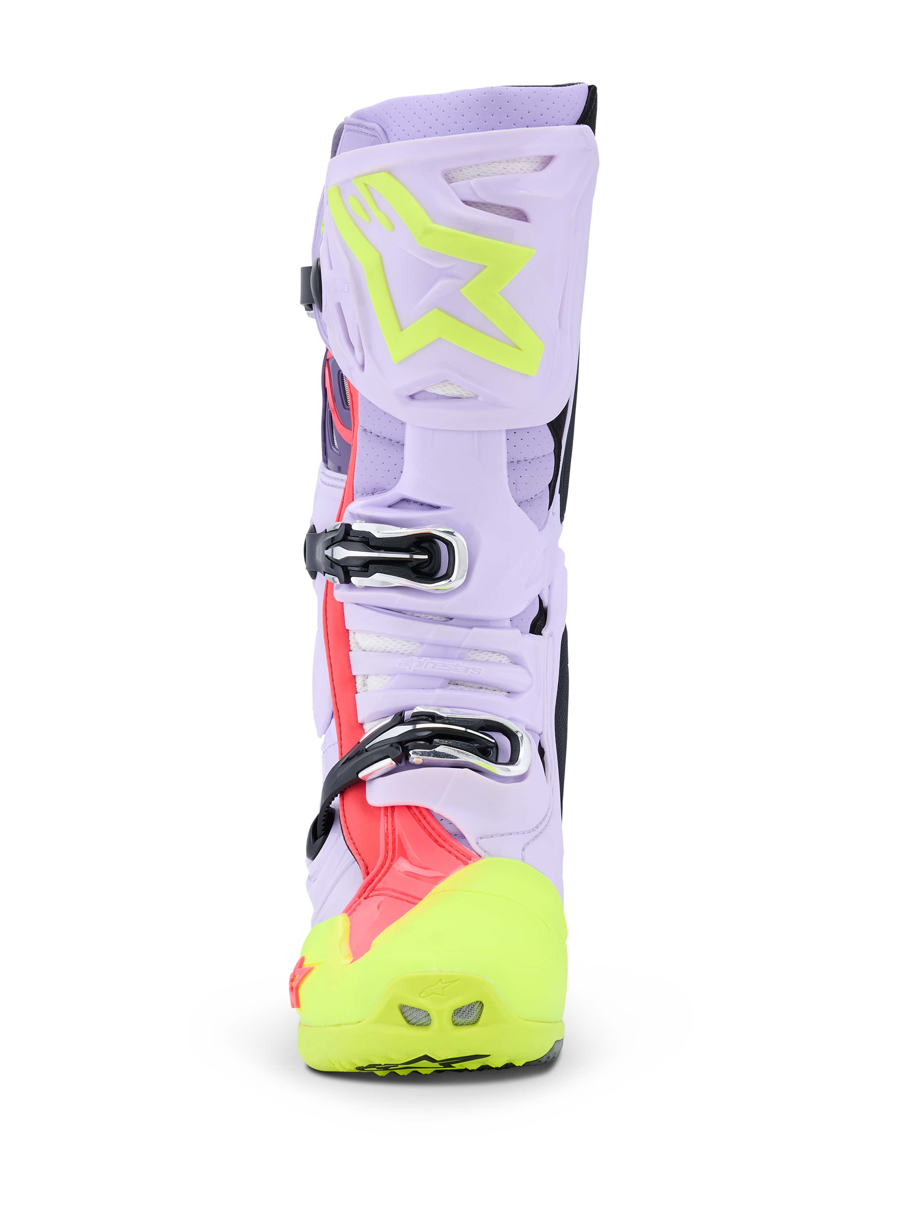 Alpinestars Tech 10 Supervented-stövlar, motocross-stövlar, lila, neongula och Diva Pink, frontvy som framhäver spännesystemet och den ventilerade skenbensplattan, professionella off-road-stövlar med ovandel i perforerad mikrofiber