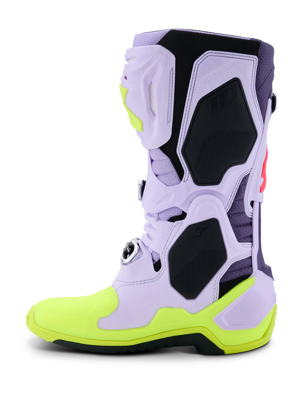 Alpinestars Tech 10 Supervented-stövlar, motocross-stövlar, lila, neongul och Diva Pink, sidoprofil med ovandel i perforerad lavendelfärgad mikrofiber, svarta TPU-skyddspaneler och neongul sula, högpresterande ventilerade skor för terrängkörning