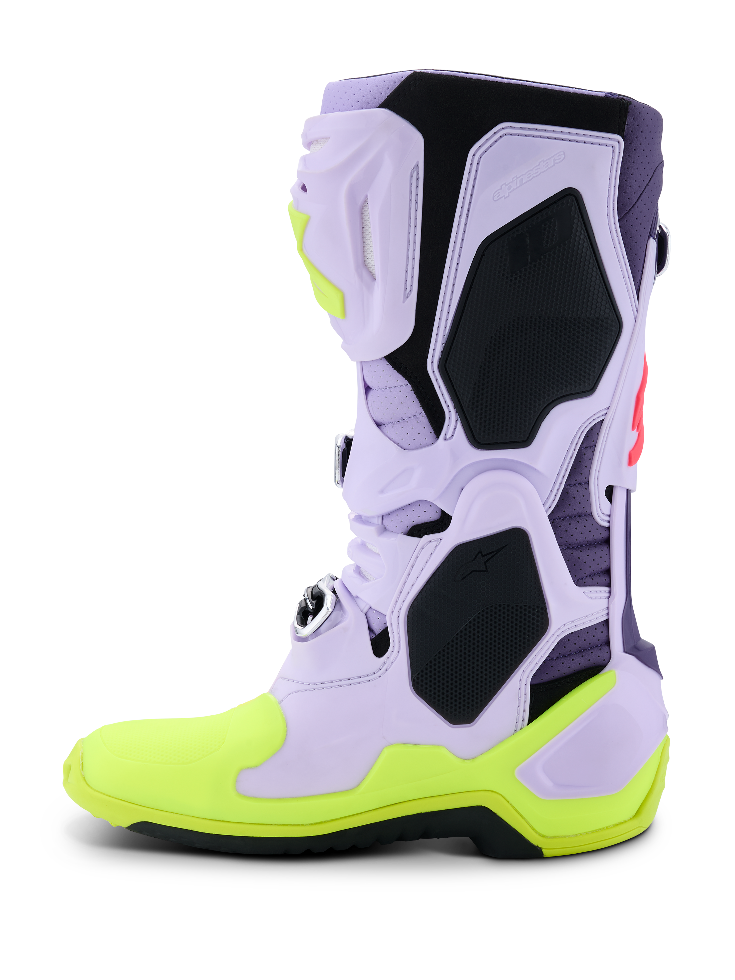 Alpinestars Tech 10 Supervented-stövlar, motocross-stövlar, lila, neongul och Diva Pink, sidoprofil med ovandel i perforerad lavendelfärgad mikrofiber, svarta TPU-skyddspaneler och neongul sula, högpresterande ventilerade skor för terrängkörning