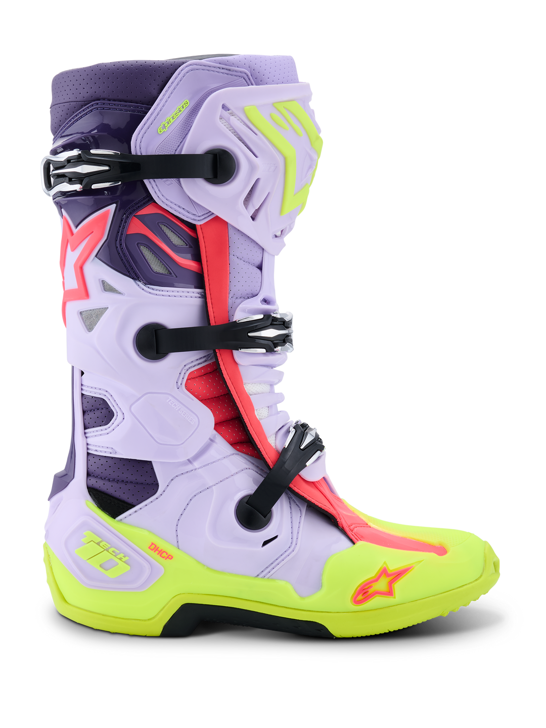 Alpinestars Tech 10 Supervented Boots, Motocross Racing Boots, Purple, Yellow Fluo, and Diva Pink, featuring side profile view with adjustable black buckles, ventilated microfiber panels, reinforced neon yellow sole, and high-performance protective shell