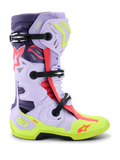 Alpinestars Tech 10 Supervented stövlar, motocross-stövlar, lila, neongula och Diva Pink, sidoprofilvy med justerbara svarta spännen, ventilerade mikrofiberpaneler, förstärkt neongul sula och högpresterande skyddsskal