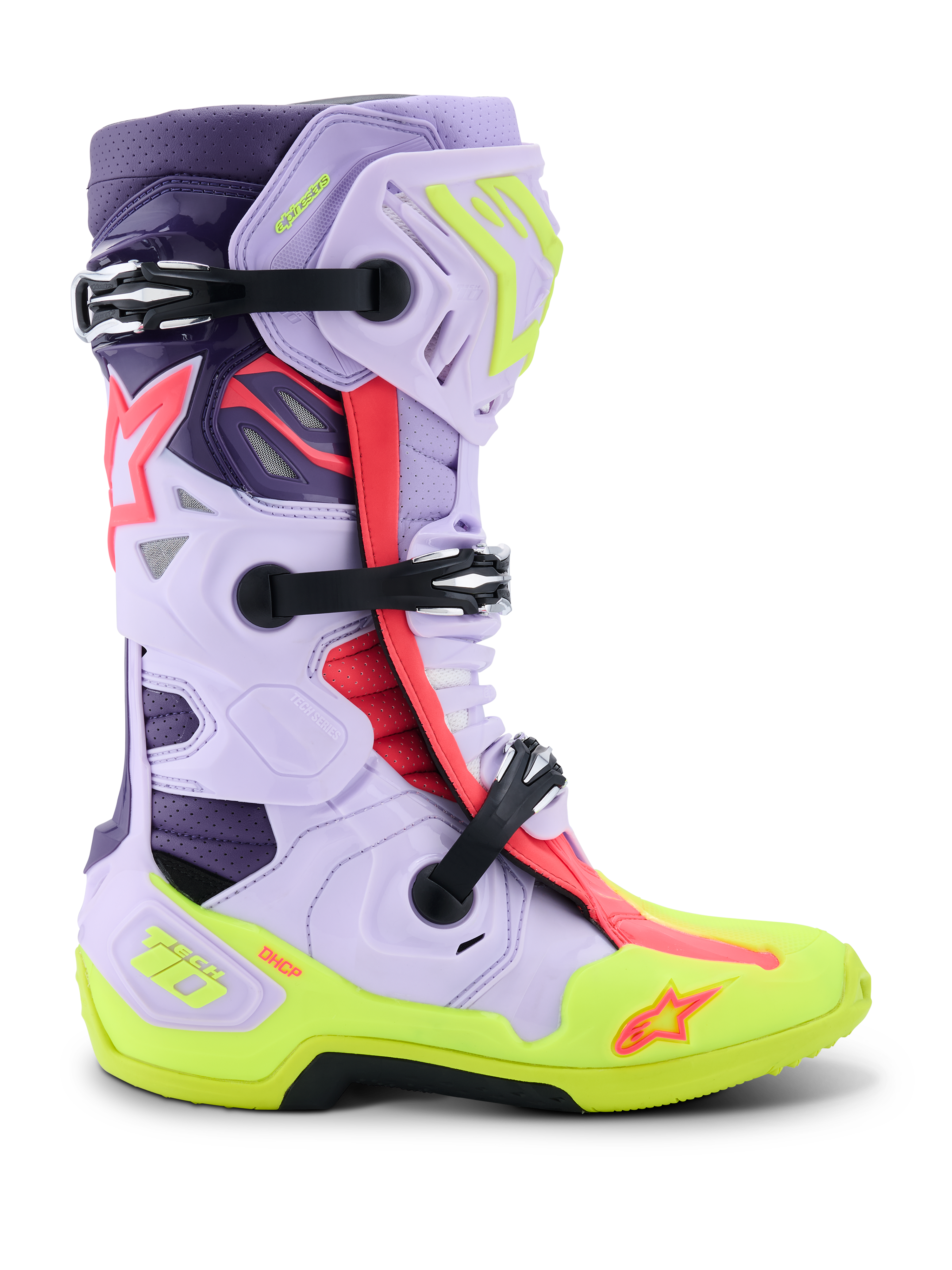Alpinestars Tech 10 Supervented stövlar, motocross-stövlar, lila, neongula och Diva Pink, sidoprofilvy med justerbara svarta spännen, ventilerade mikrofiberpaneler, förstärkt neongul sula och högpresterande skyddsskal